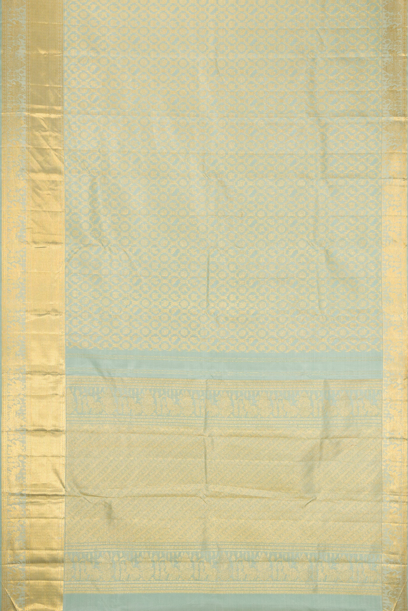 Flat view of Pista Green Dual Tone Kanchipuram Silk Saree with Zari Brocade on the body and Zari Border. 