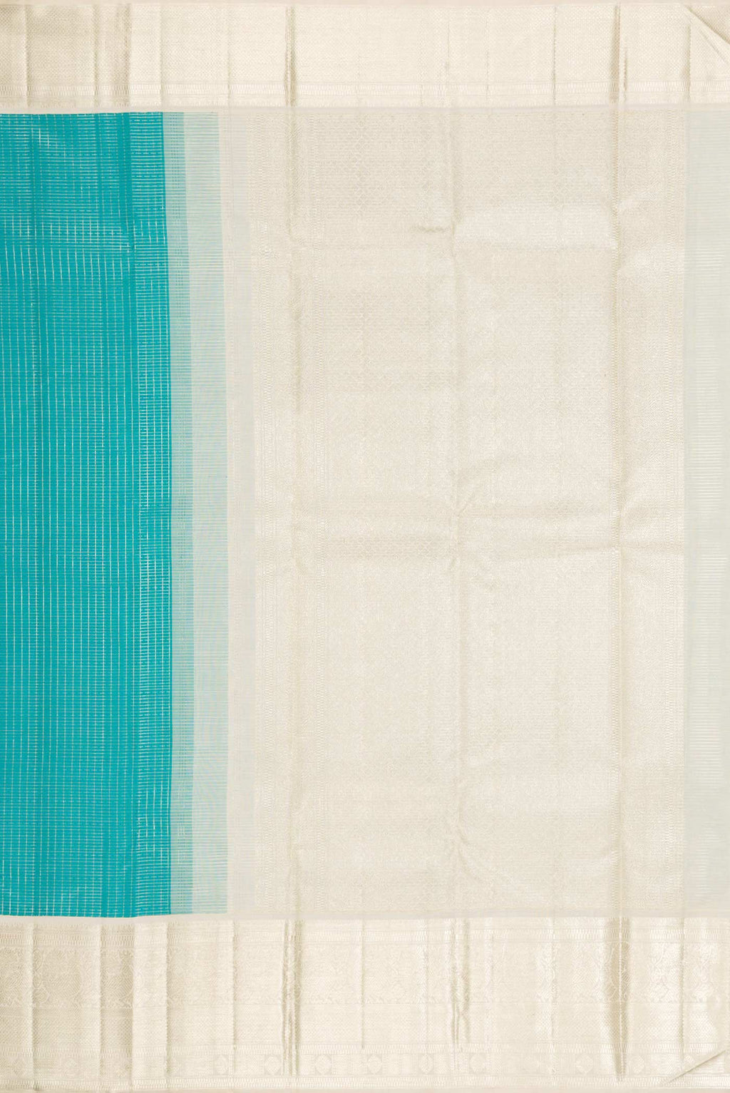 Close up image of the pallu of Sky Blue Dual Tone Kanchipuram Silk Saree with Zari Brocade on the body and Zari Border. 