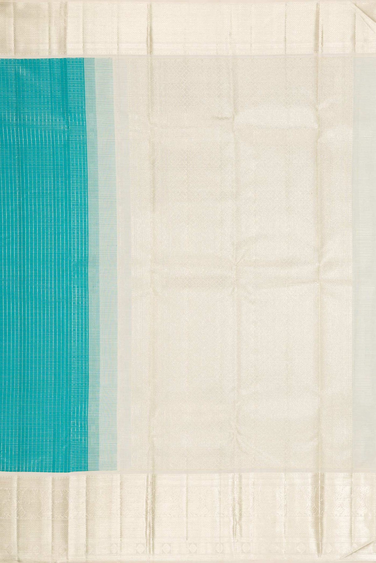 Close up image of the pallu of Sky Blue Dual Tone Kanchipuram Silk Saree with Zari Brocade on the body and Zari Border. 