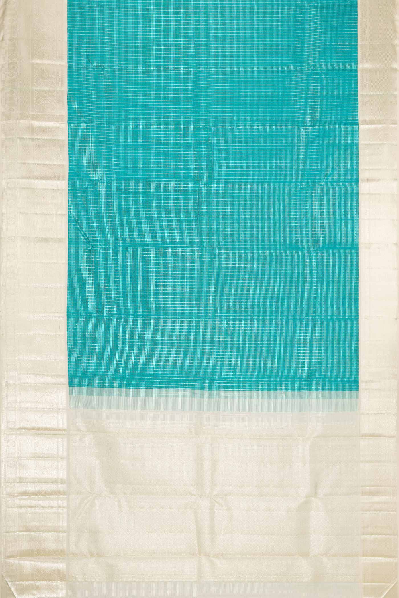 Flat view of Sky Blue Dual Tone Kanchipuram Silk Saree with Zari Brocade on the body and Zari Border. 