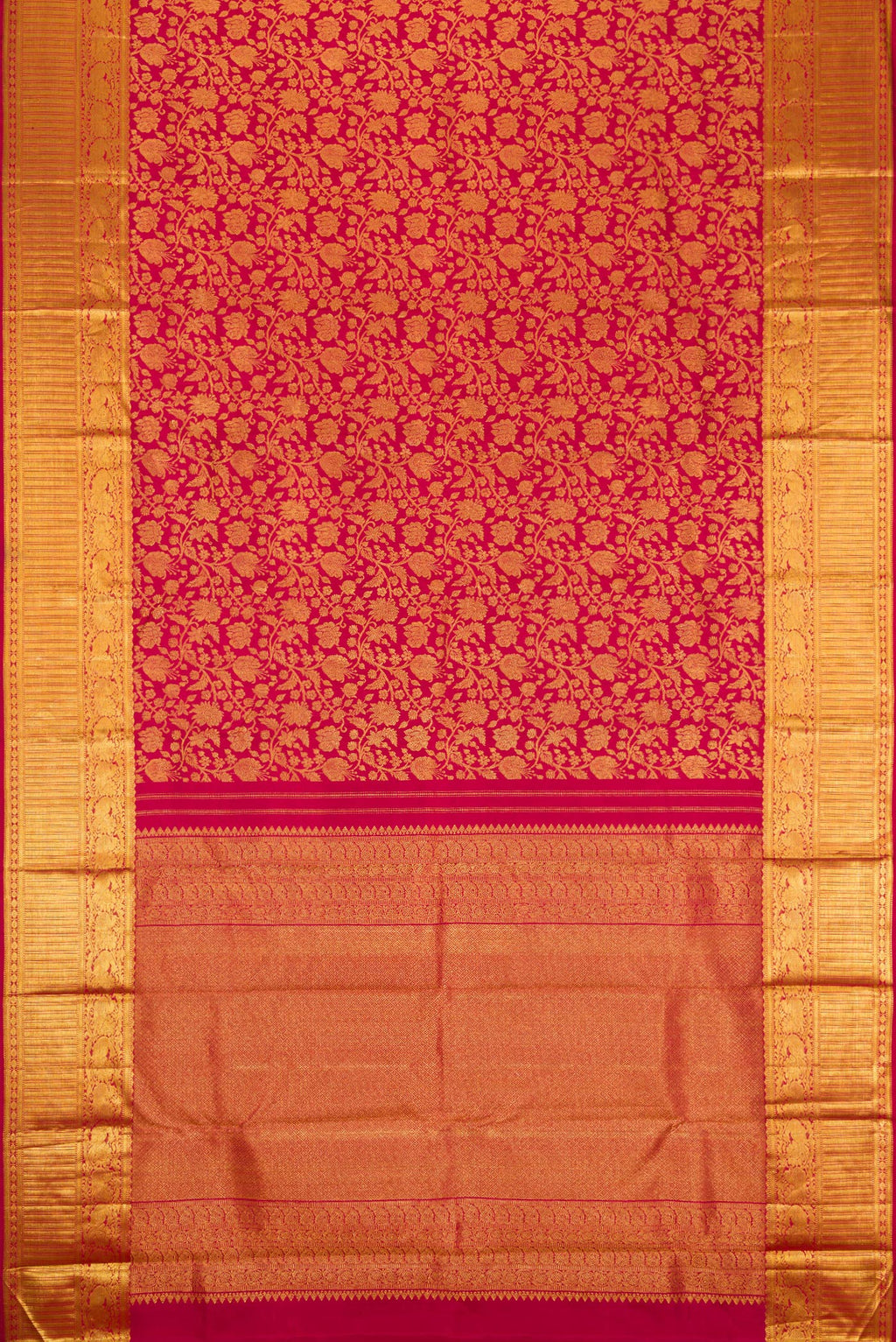 Flat view of Maroon Dual Tone Kanchipuram Silk Saree with Zari Brocade on the body and Zari Border. 