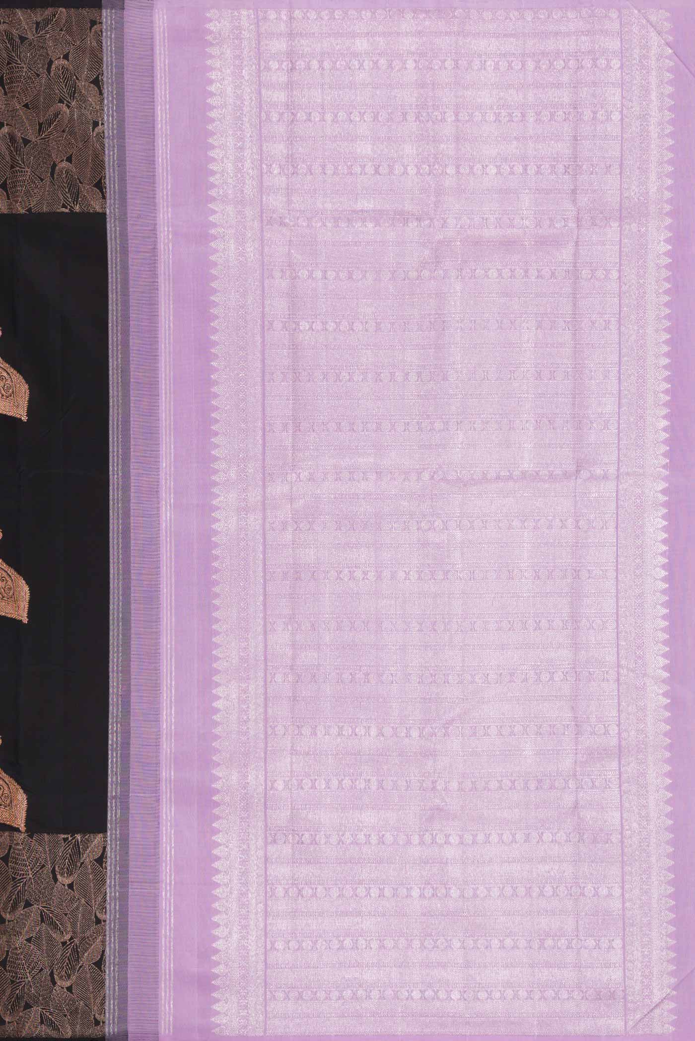 Close up image of the pallu of Pure Silk Pure Zari Black Dual Tone Kanchipuram Saree with Zari Butta on the body and Fancy Border. 
