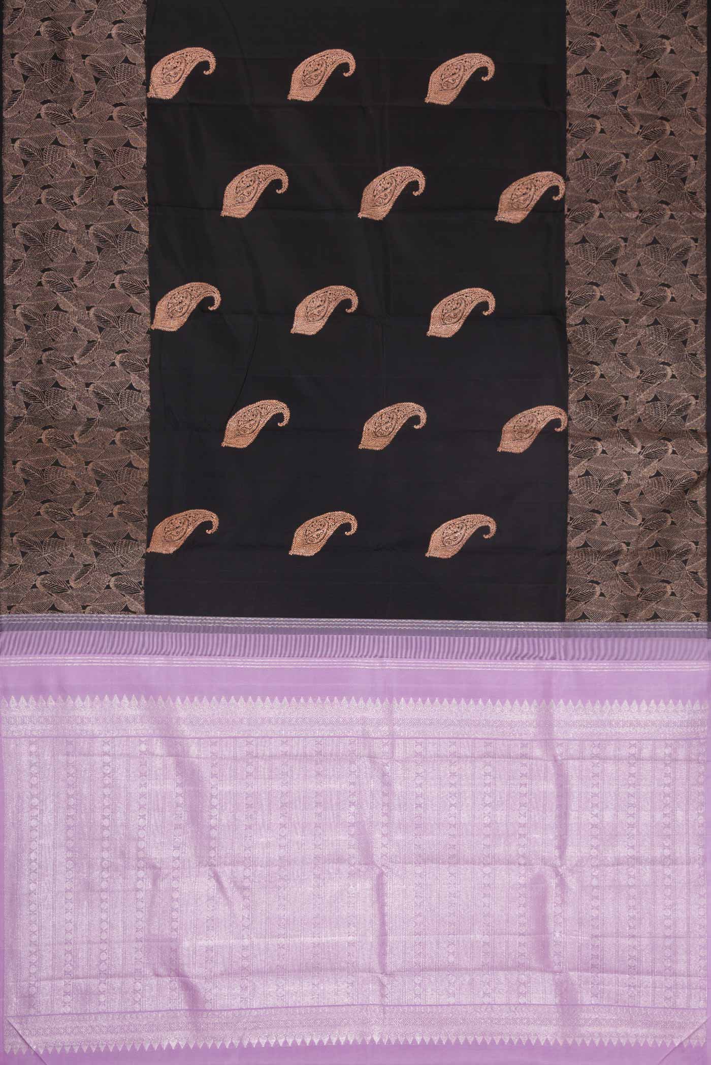 Flat view of Pure Silk Pure Zari Black Dual Tone Kanchipuram Saree with Zari Butta on the body and Fancy Border. 
