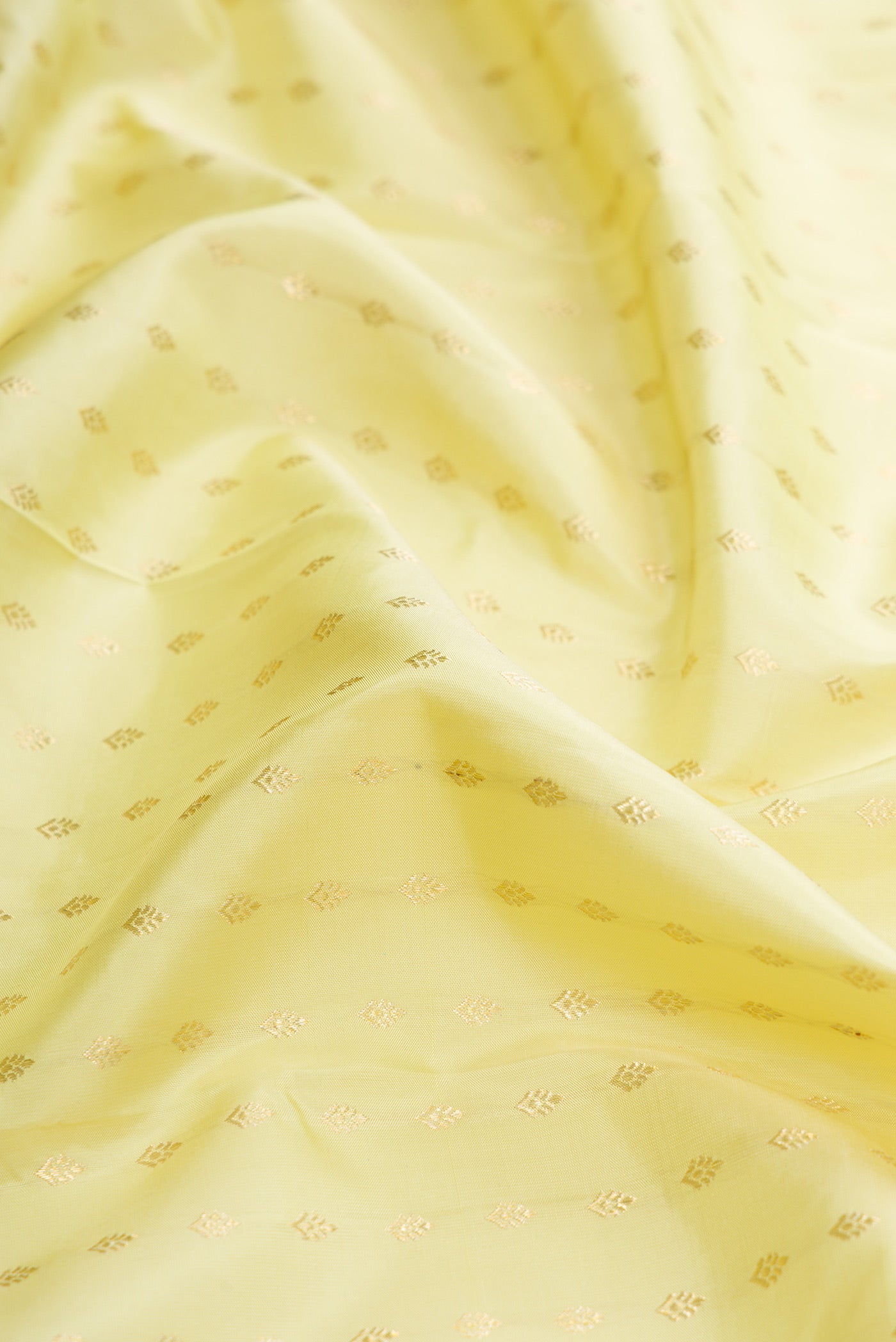 Close up of Pista Green Dual Tone Kanchipuram Silk Saree with Zari Butta on the body and Zari Border.  displaying folds