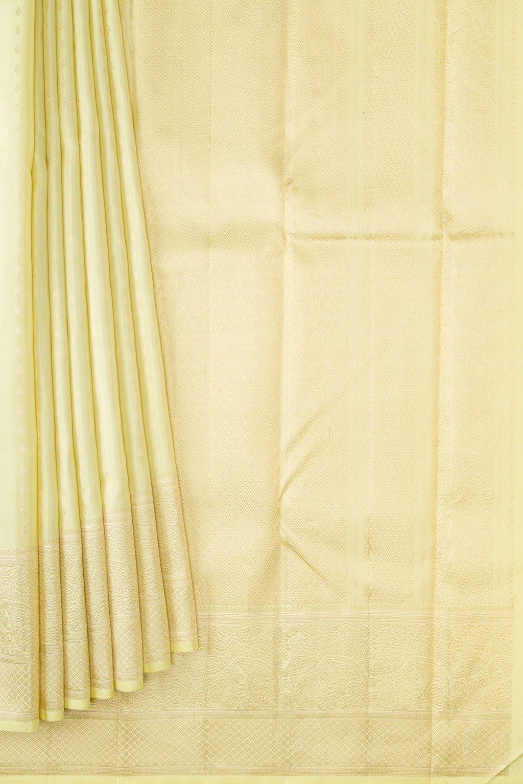 Pleats and pallu of Pista Green Dual Tone Kanchipuram Silk Saree with Zari Butta on the body and Zari Border. 
