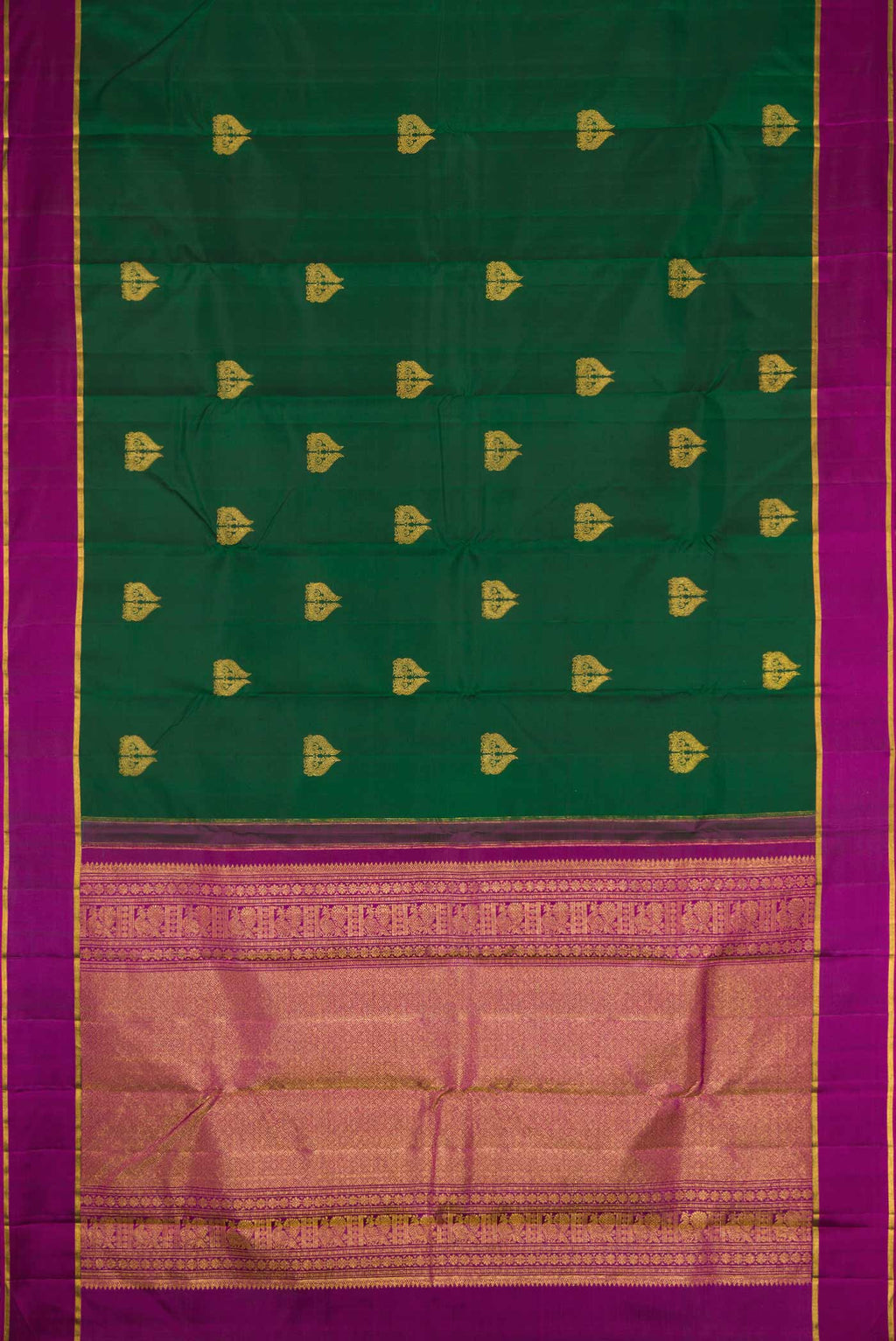 Flat view of Green Dual Tone Kanchipuram Silk Saree with Zari Butta on the body and Zari Border