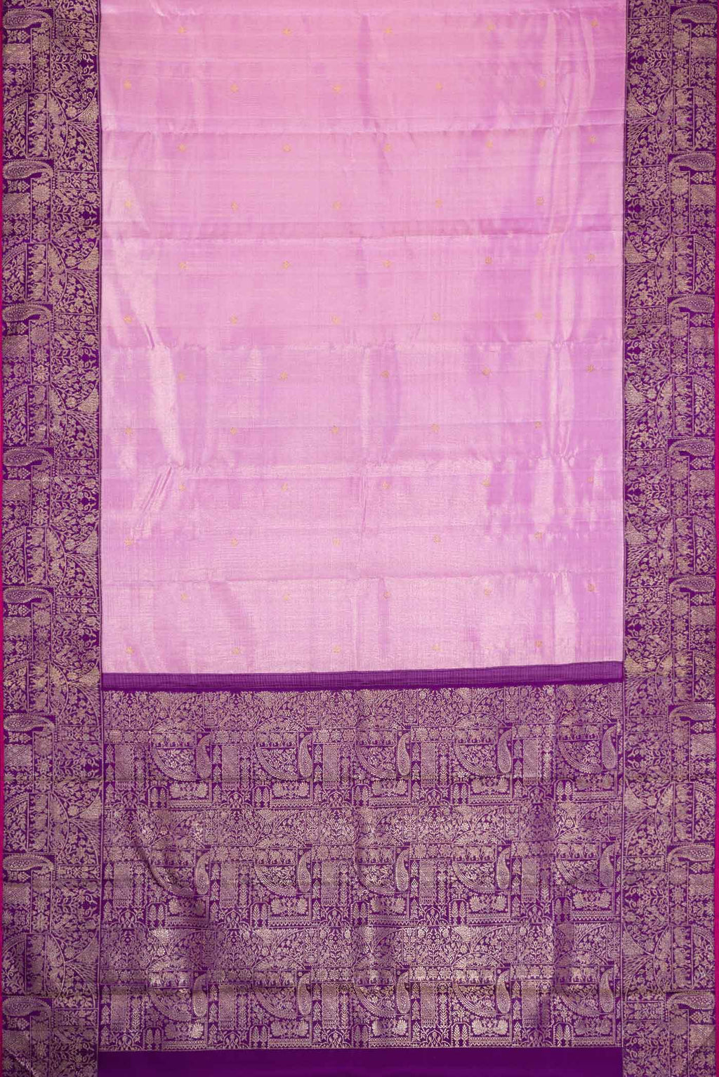 Flat view of Lavender Dual Tone Kanjivaram Tissue Silk Saree with Zari Brocade on the body and Zari Border. 