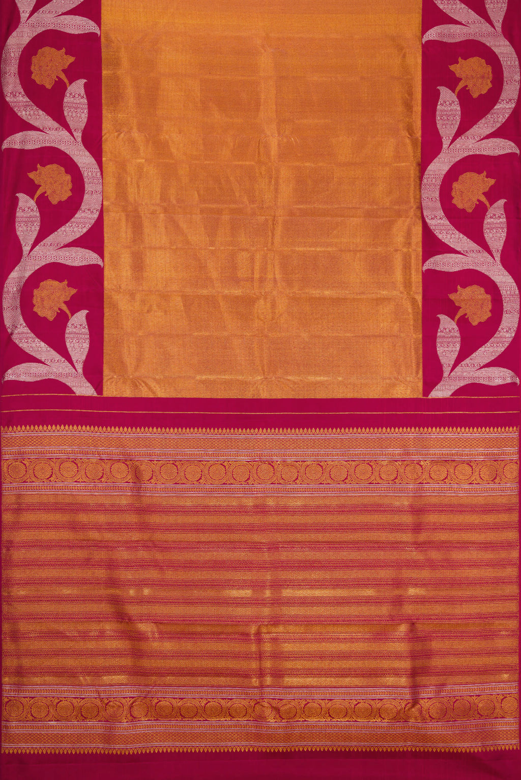 Flat view of Maroon Dual Tone Kanjivaram Silk Saree with Zari Brocade on the body and Zari Border. 