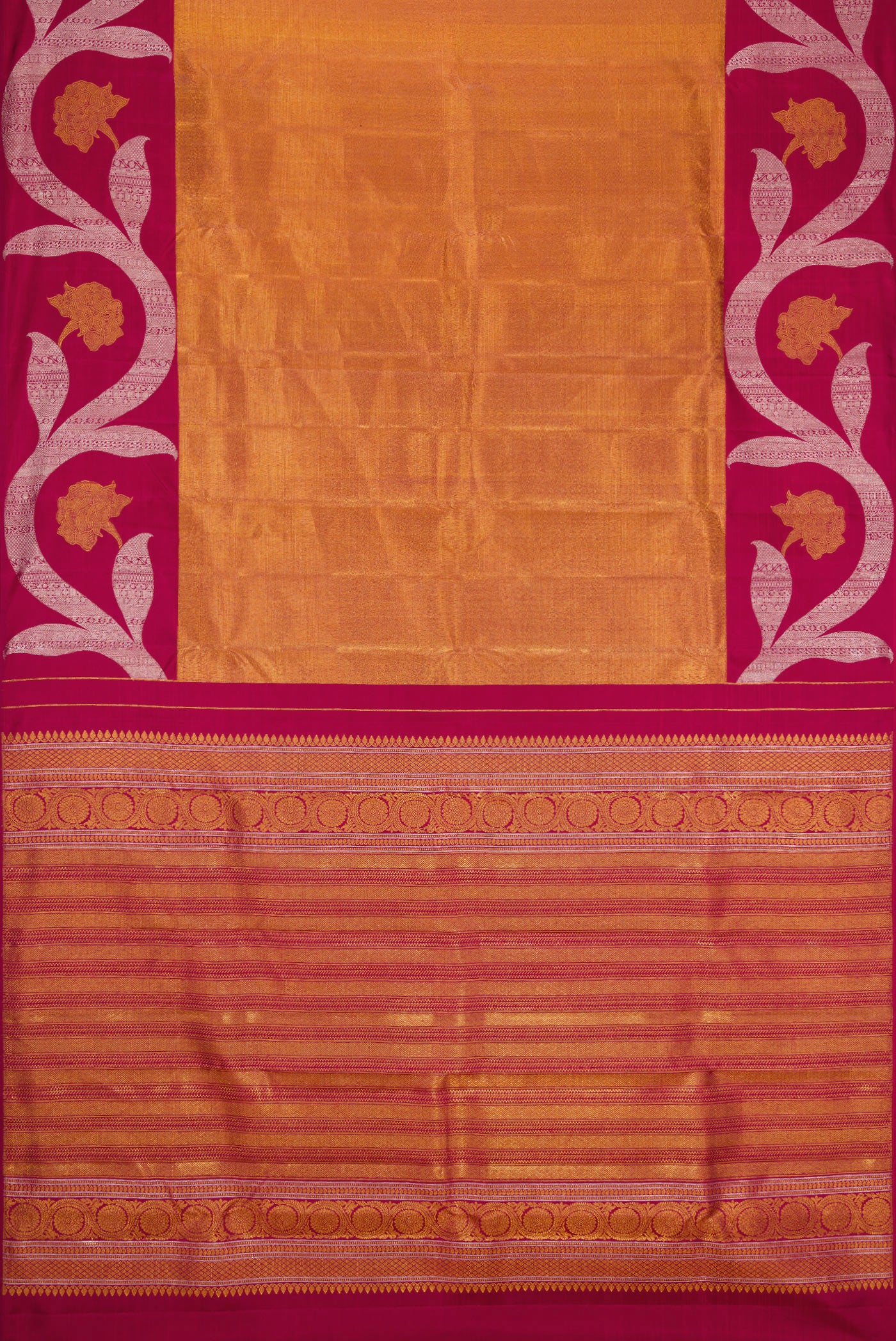 Flat view of Maroon Dual Tone Kanjivaram Silk Saree with Zari Brocade on the body and Zari Border. 