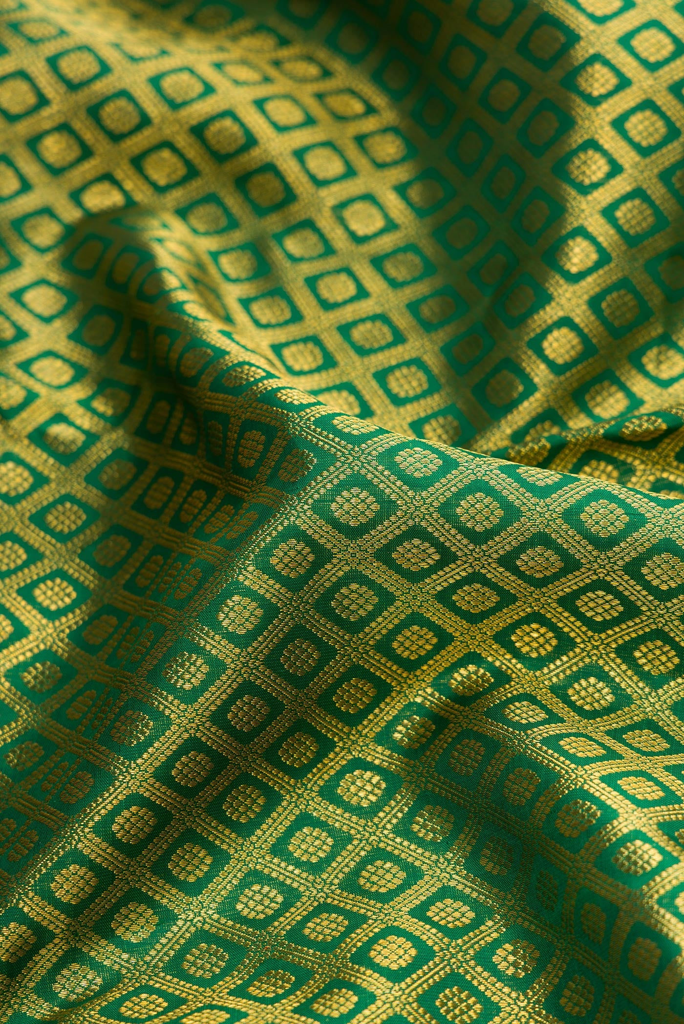 Close up of Green Dual Tone Kanchipuram Silk Saree with Zari Brocade on the body and Zari Border.  displaying folds