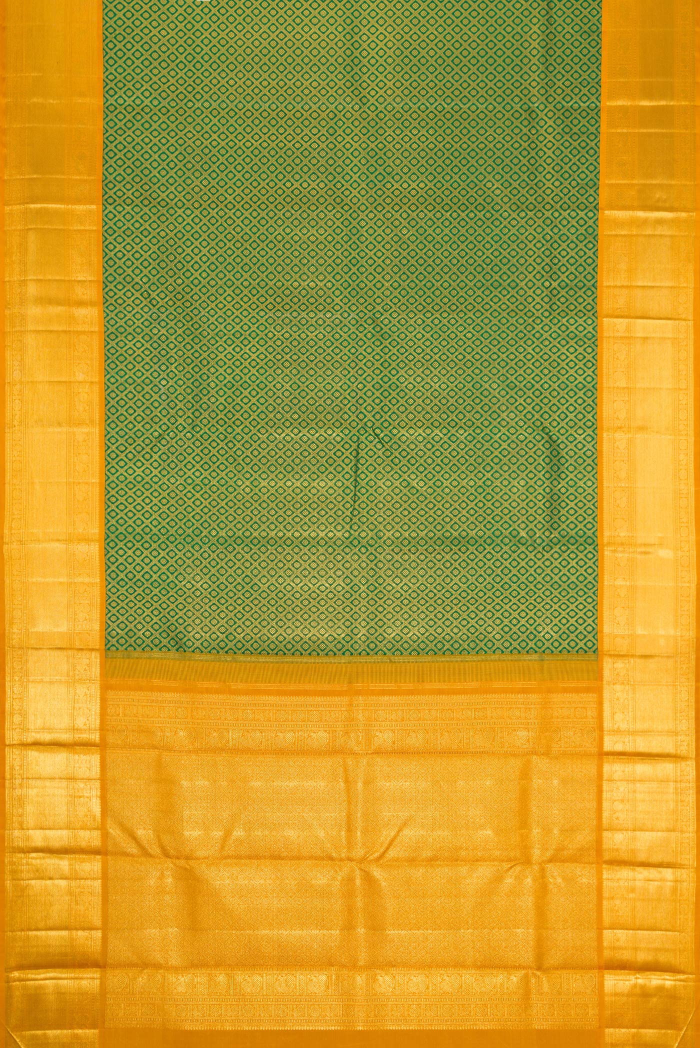 Flat view of Green Dual Tone Kanchipuram Silk Saree with Zari Brocade on the body and Zari Border. 