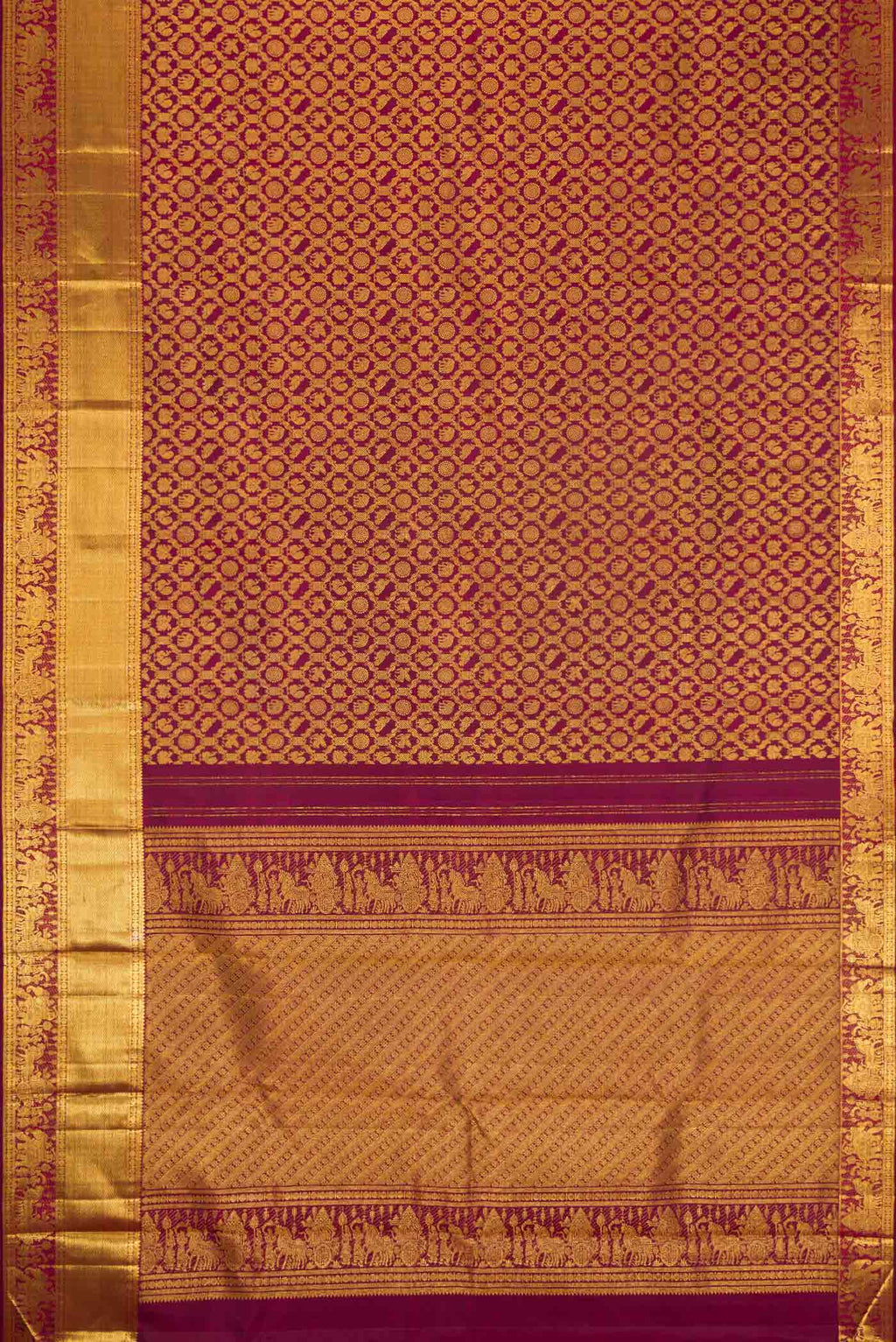 Flat view of Maroon Dual Tone Kanchipuram Silk Saree with Zari Brocade on the body and Zari Border. 