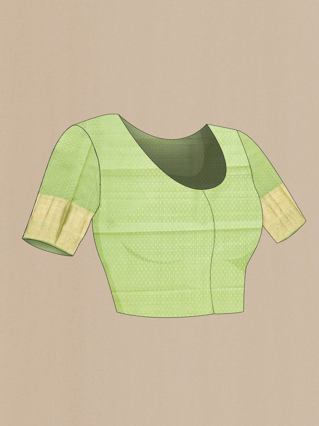 Close up image of the blouse of Peacock Blue Dual Tone Kanchipuram Silk Saree with Zari Brocade on the body and Zari Border. 