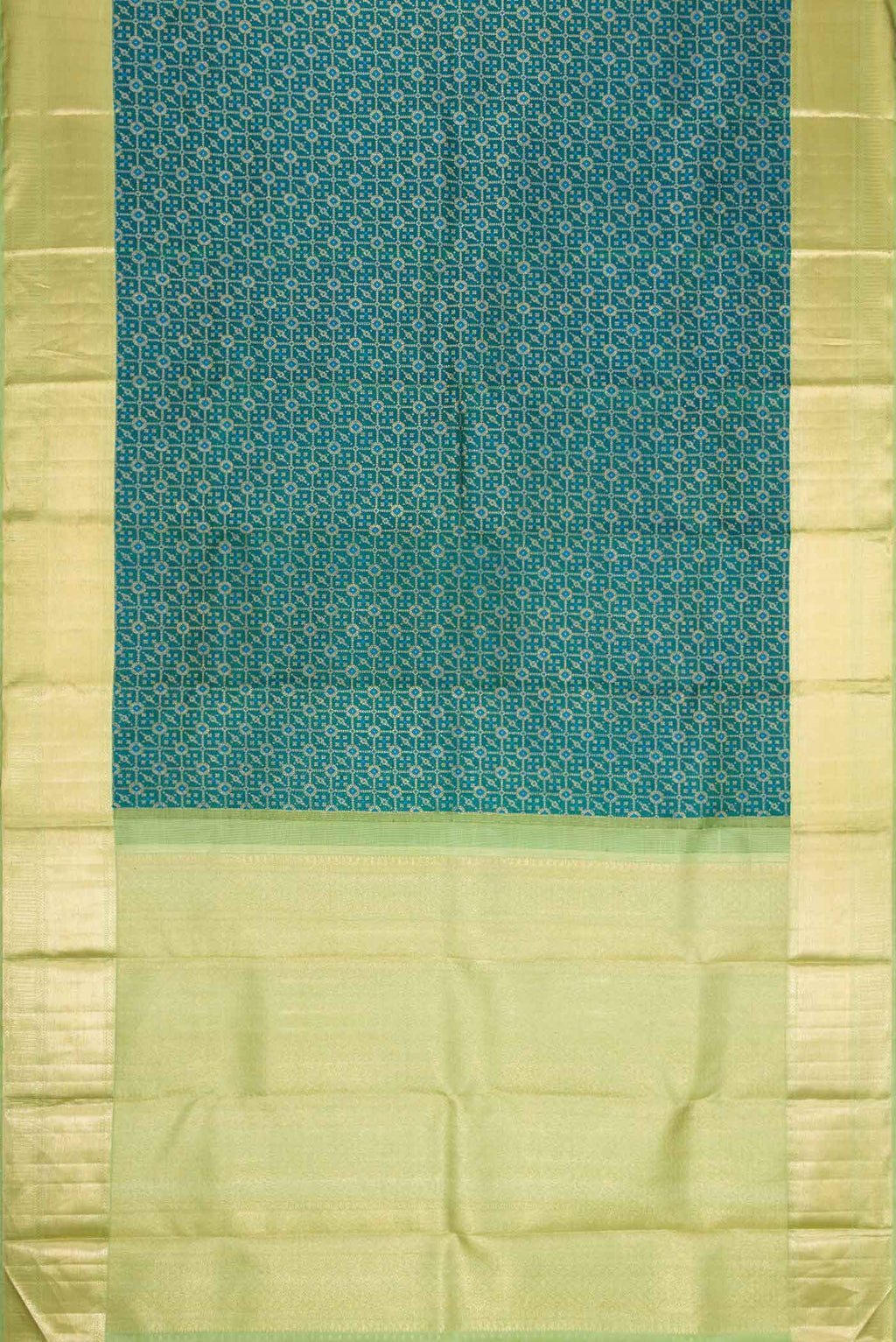 Flat view of Peacock Blue Dual Tone Kanchipuram Silk Saree with Zari Brocade on the body and Zari Border. 