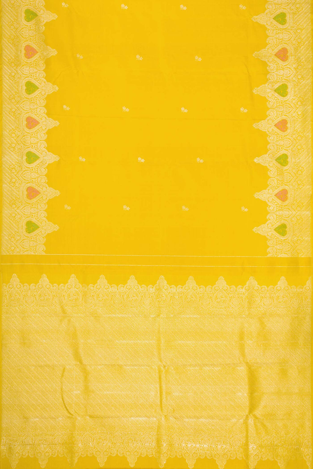 Flat view of Pure Silk Pure Zari Yellow Dual Tone Kanchipuram Saree with Zari Butta on the body and Fancy Border. 