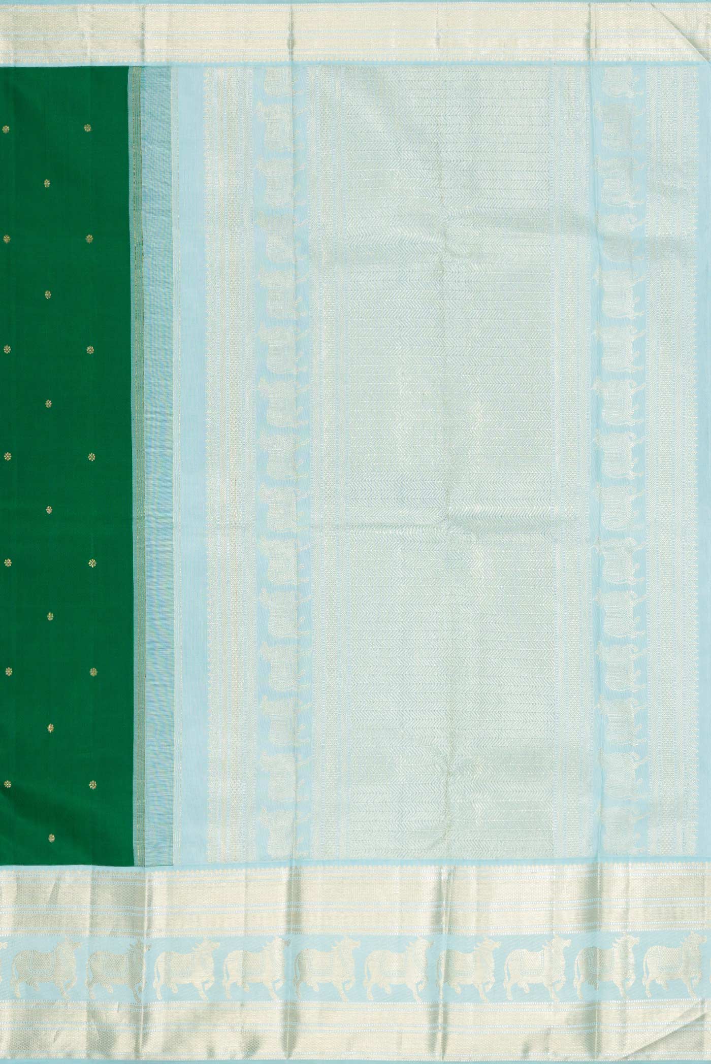 Close up image of the pallu of Green Dual Tone Kanchipuram Silk Saree with Zari Butta on the body and Zari Border. 
