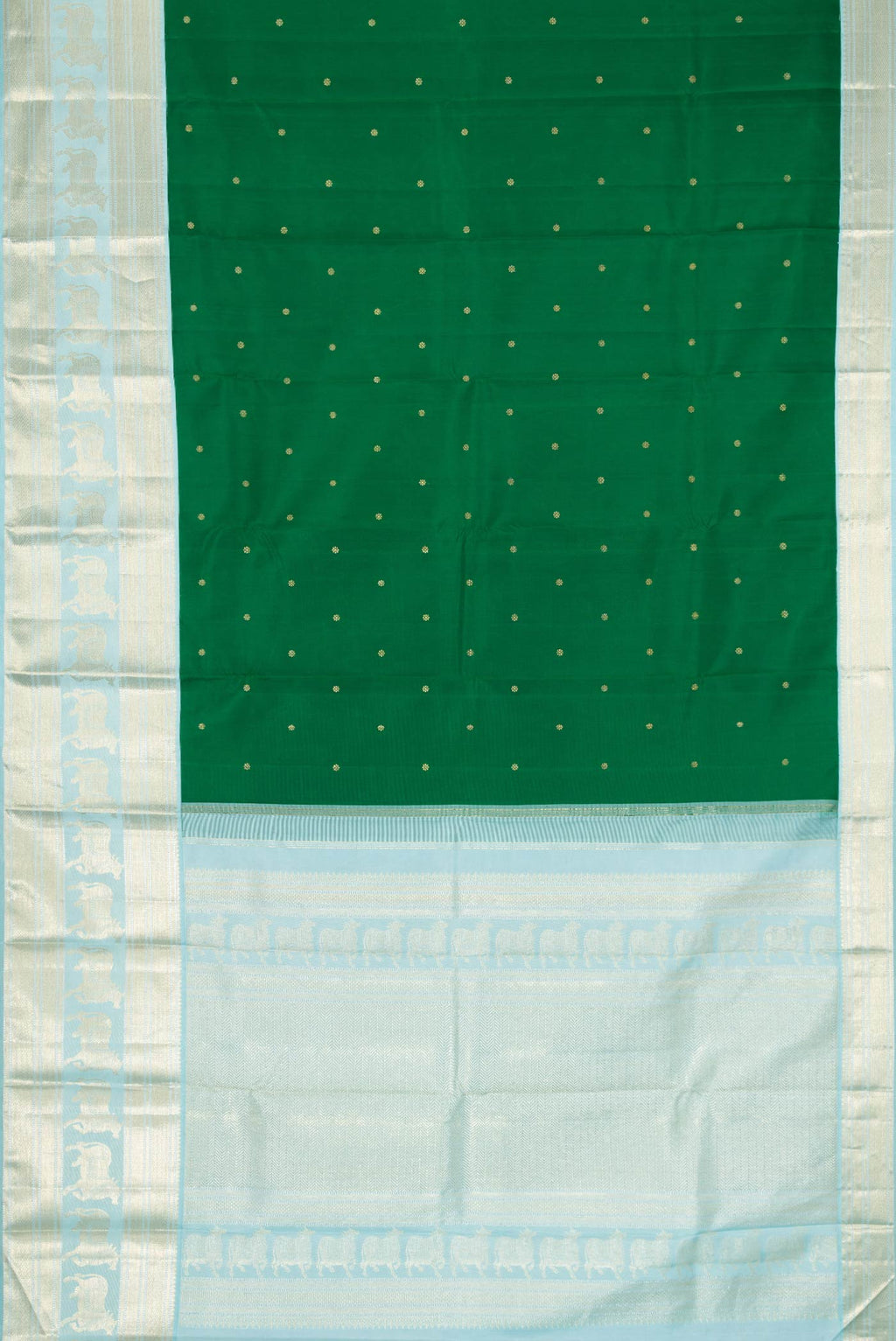 Flat view of Green Dual Tone Kanchipuram Silk Saree with Zari Butta on the body and Zari Border. 