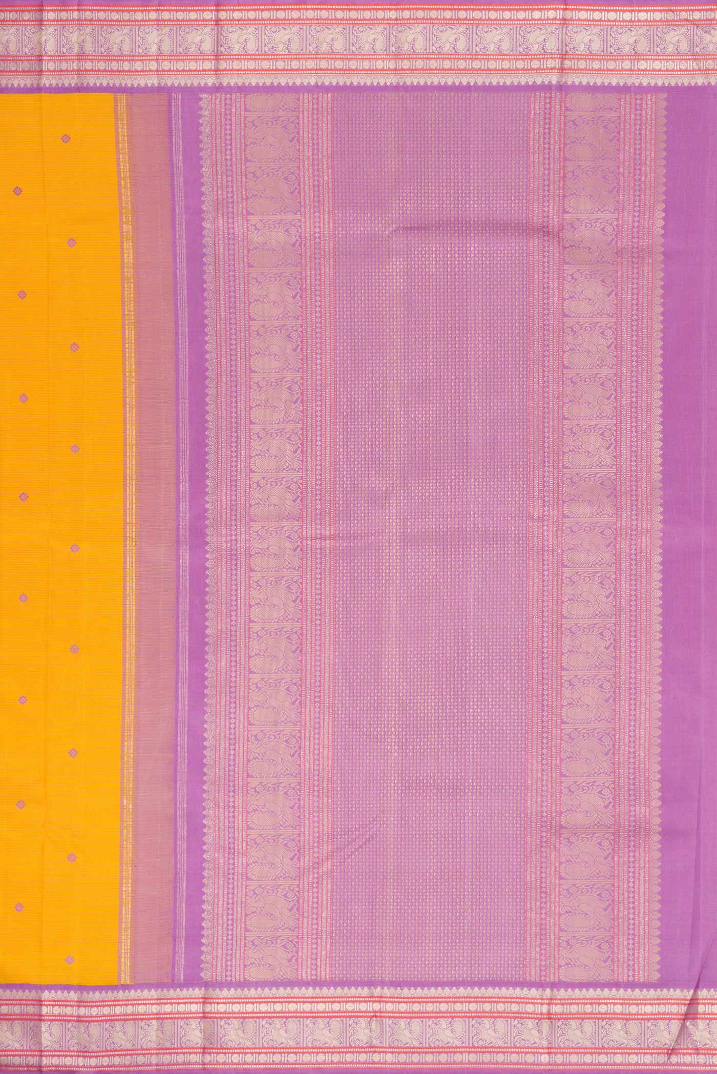 Close up image of the pallu of Pure Silk Pure Zari Mustard Dual Tone Kanchipuram Saree with Thread Butta on the body and Zari Border. 