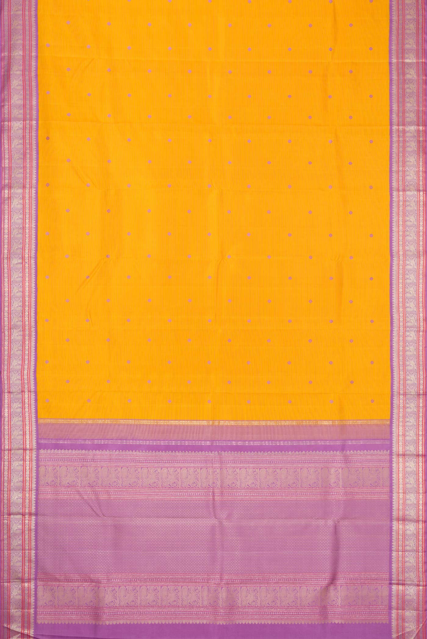 Flat view of Pure Silk Pure Zari Mustard Dual Tone Kanchipuram Saree with Thread Butta on the body and Zari Border. 
