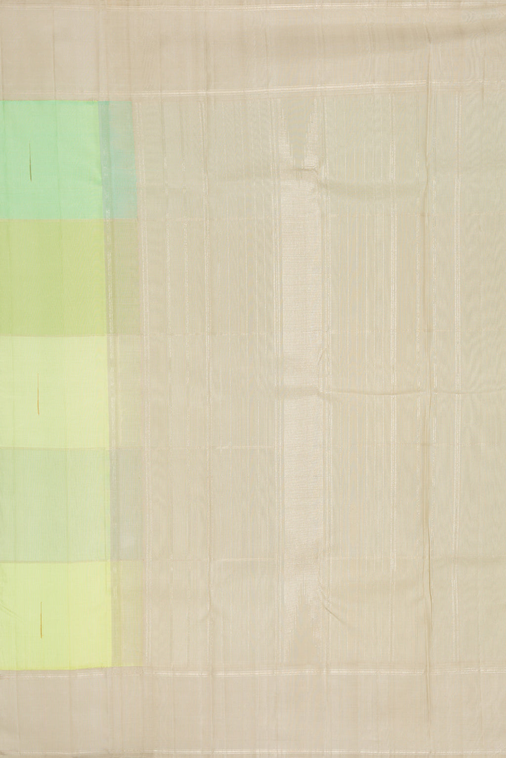 Close up image of the pallu of Light Green and Sea Green Color Kanchipuram Silk Saree with Checked design on the body and Zari Border. 