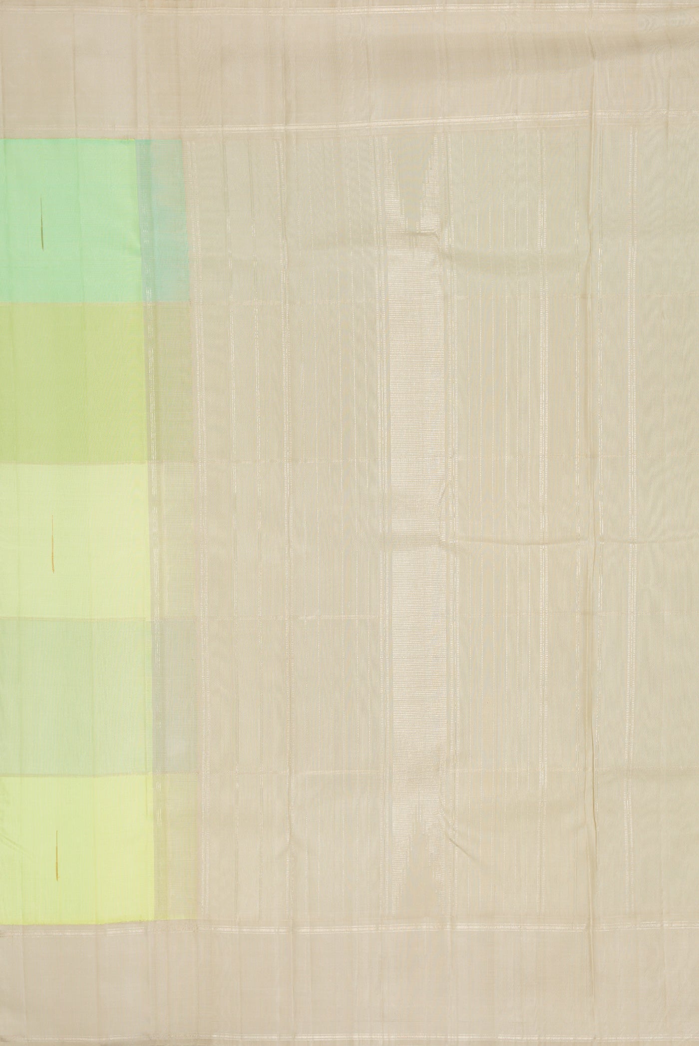 Close up image of the pallu of Light Green and Sea Green Color Kanchipuram Silk Saree with Checked design on the body and Zari Border. 