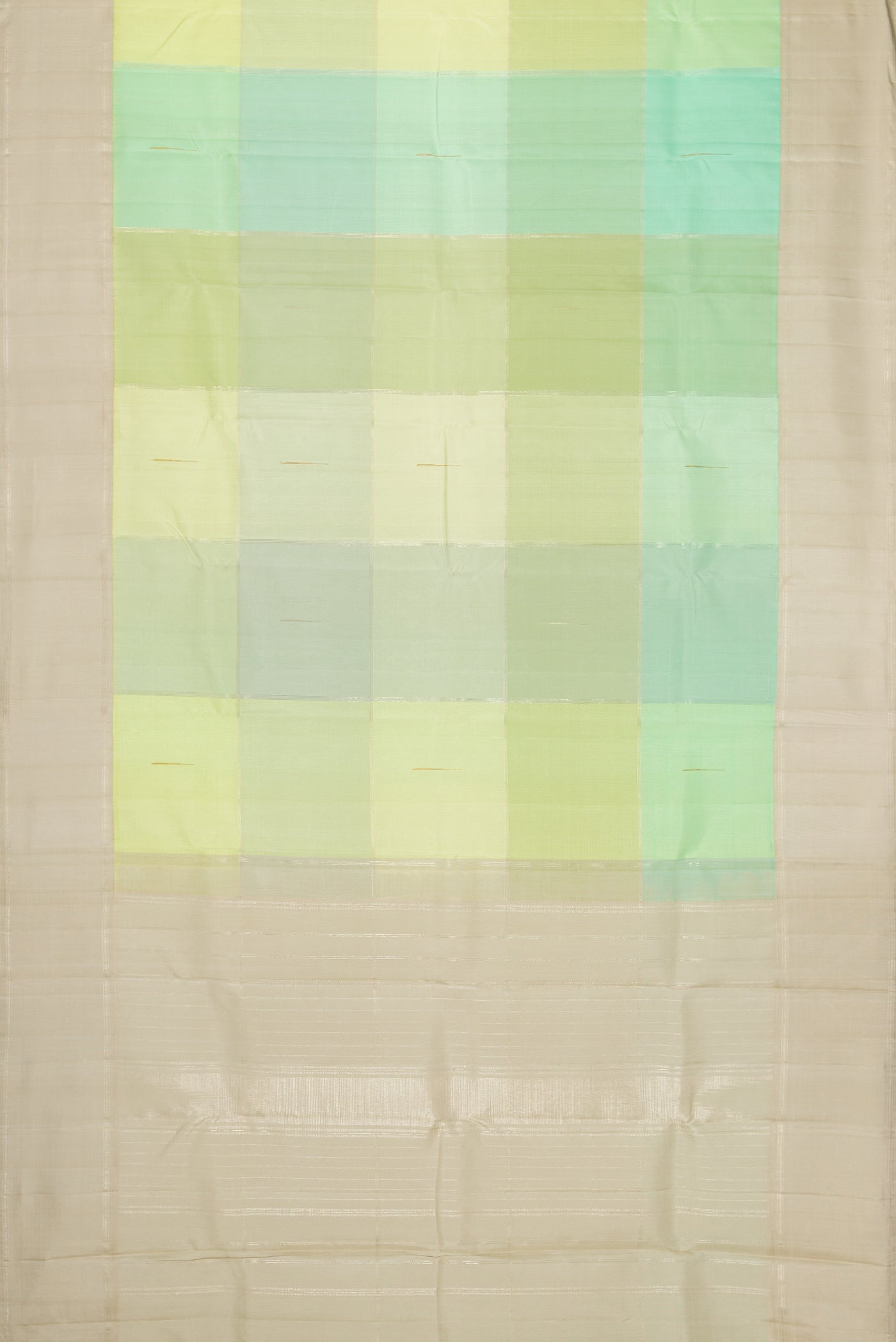 Flat view of Light Green and Sea Green Color Kanchipuram Silk Saree with Checked design on the body and Zari Border. 
