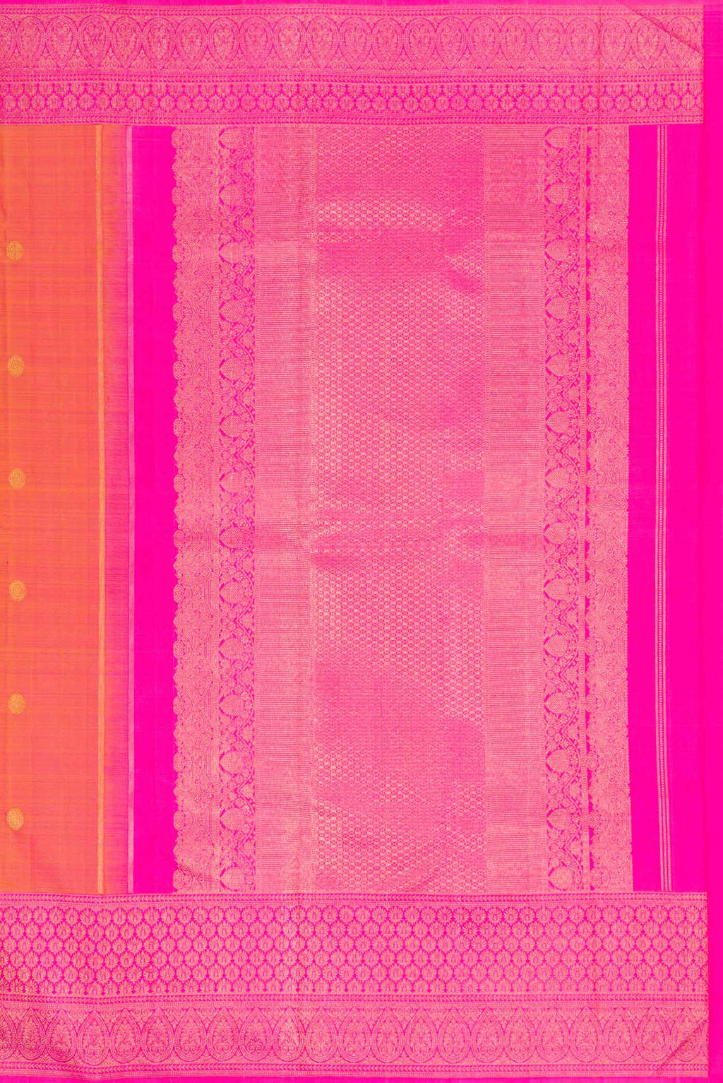 Close up image of the pallu of Mustard Dual Tone Kanjivaram Silk Saree with Zari Butta on the body and Zari Border. 
