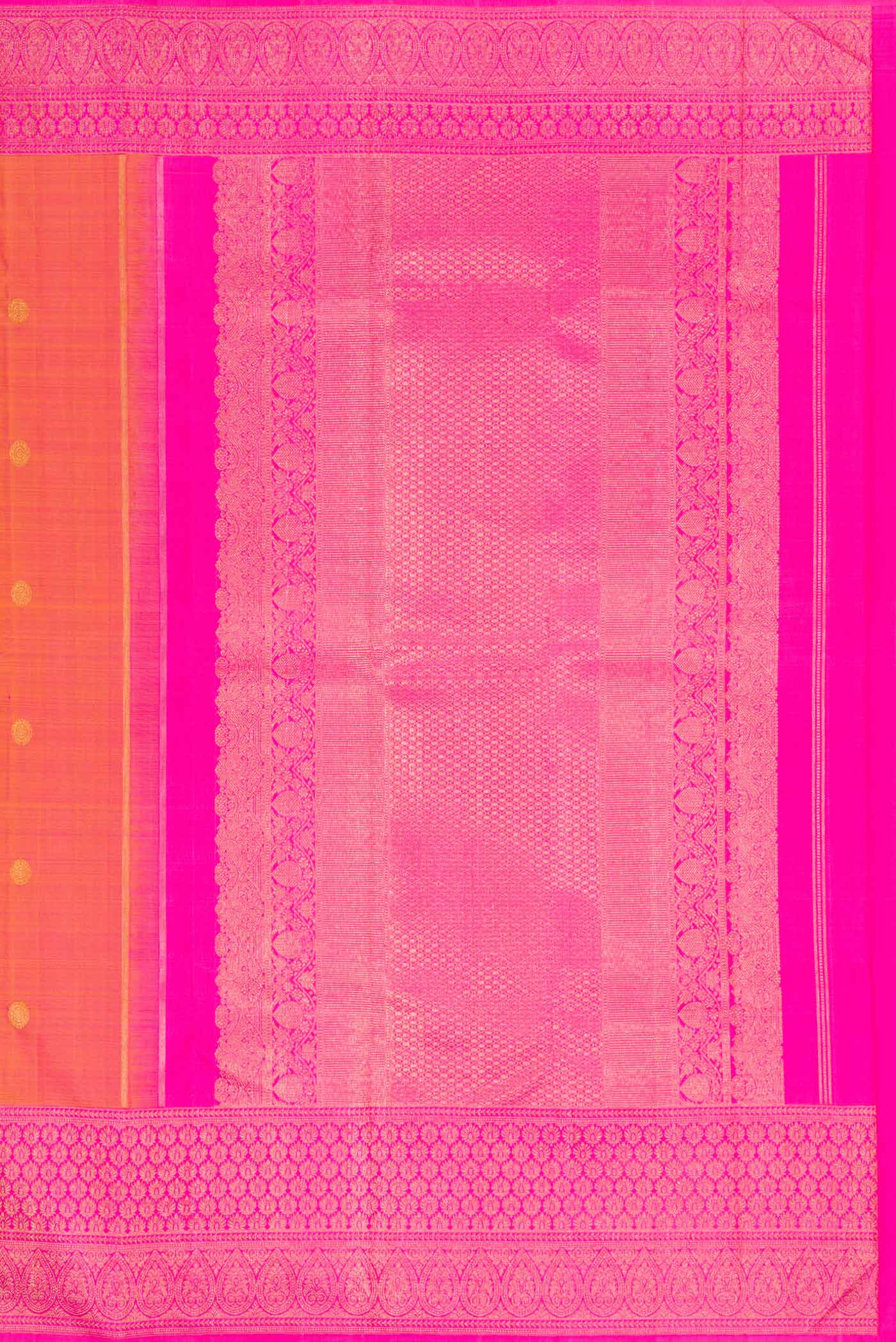 Close up image of the pallu of Mustard Dual Tone Kanjivaram Silk Saree with Zari Butta on the body and Zari Border. 