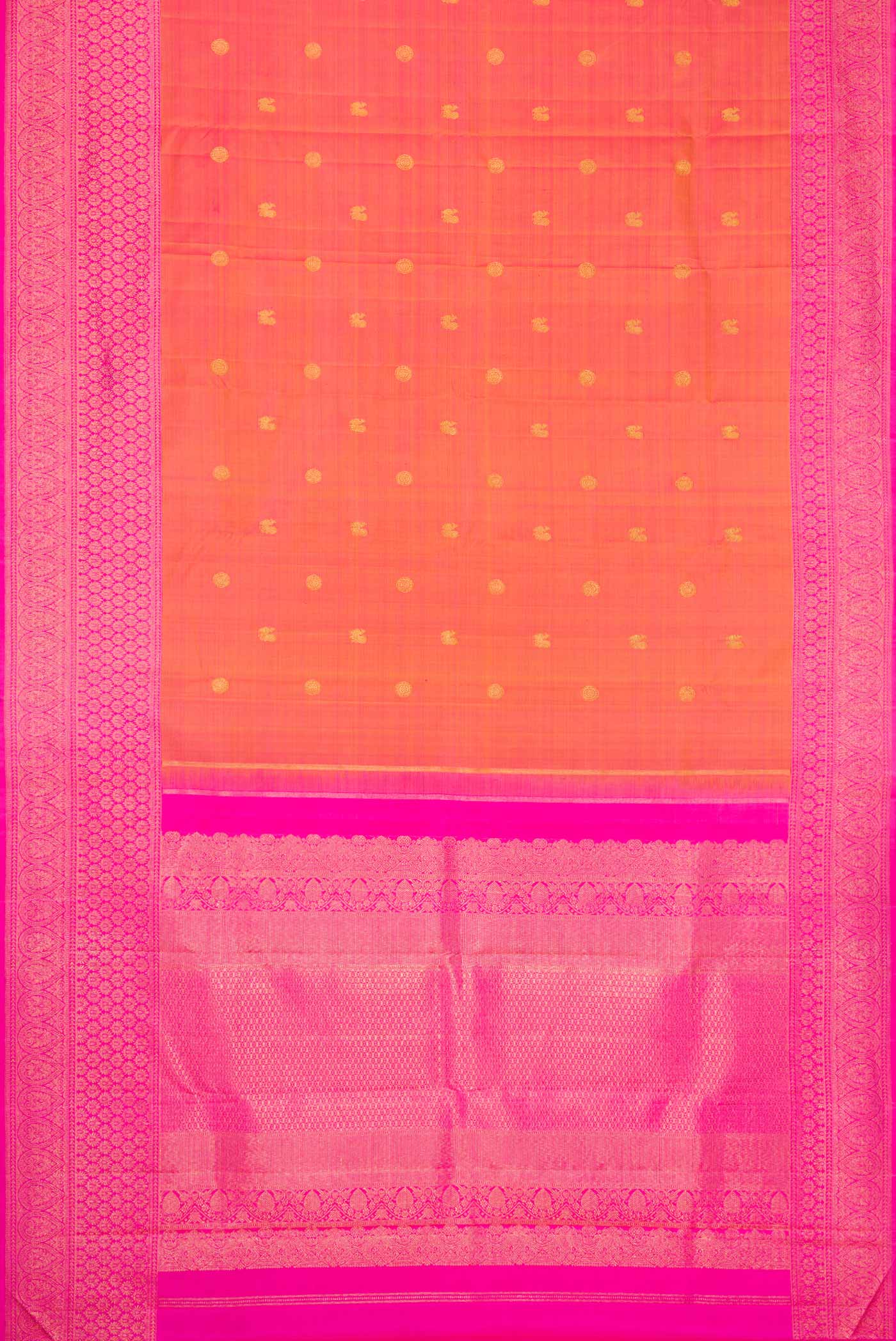 Flat view of Mustard Dual Tone Kanjivaram Silk Saree with Zari Butta on the body and Zari Border. 