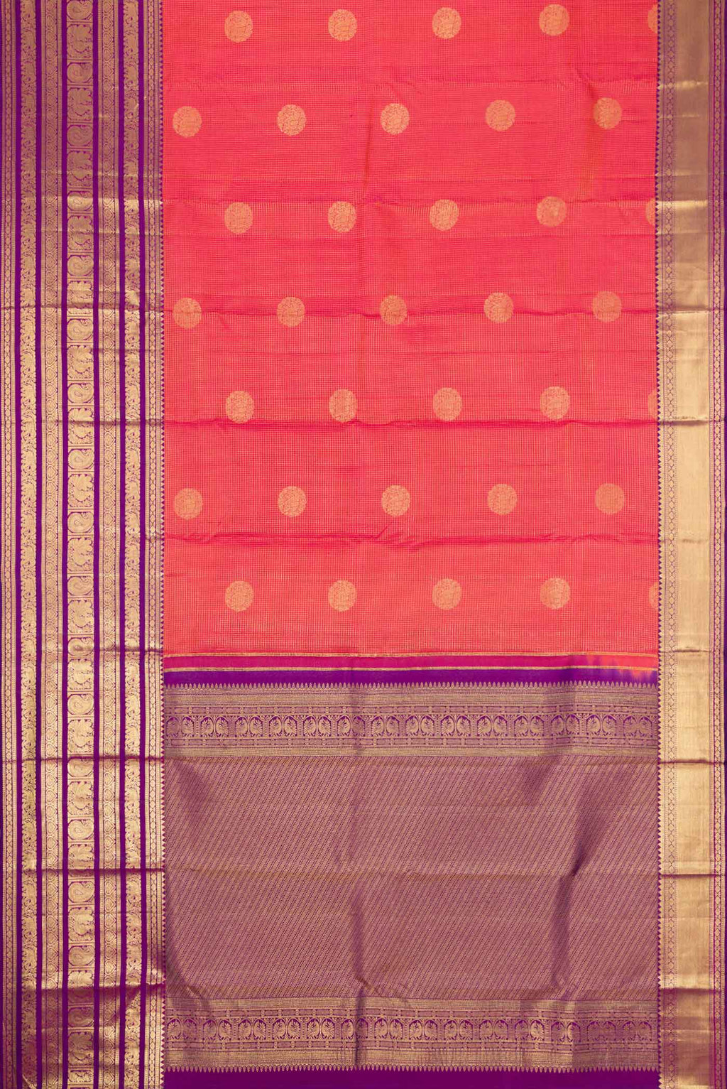 Flat view of Coral Dual Tone Kanjivaram Silk Saree with Zari Butta on the body and Zari Border. 