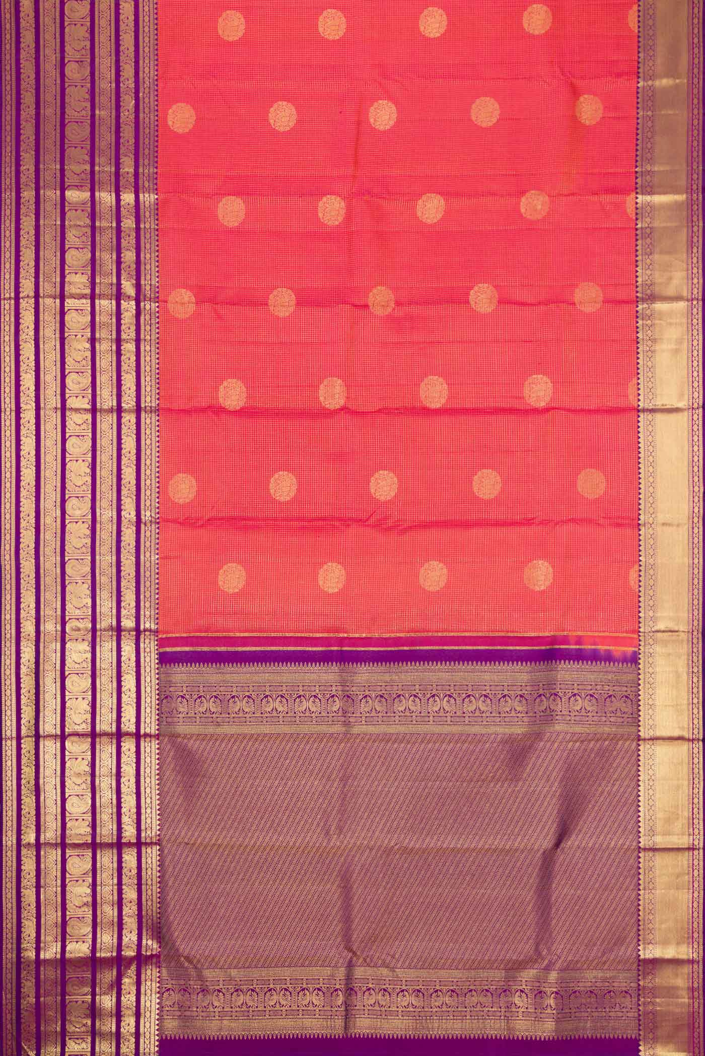 Flat view of Coral Dual Tone Kanjivaram Silk Saree with Zari Butta on the body and Zari Border. 