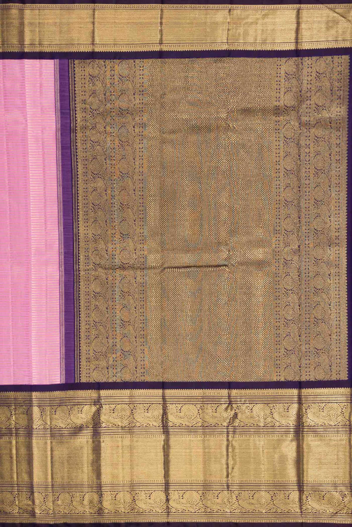 Close up image of the pallu of Pure Silk Pure Zari Pink Dual Tone Kanchipuram Saree with Zari Brocade on the body and Zari Border