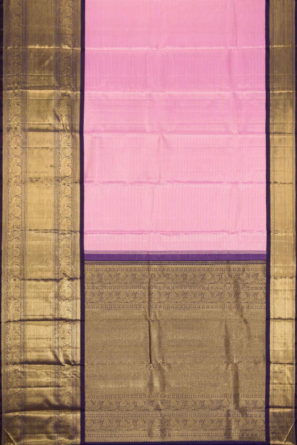 Flat view of Pure Silk Pure Zari Pink Dual Tone Kanchipuram Saree with Zari Brocade on the body and Zari Border