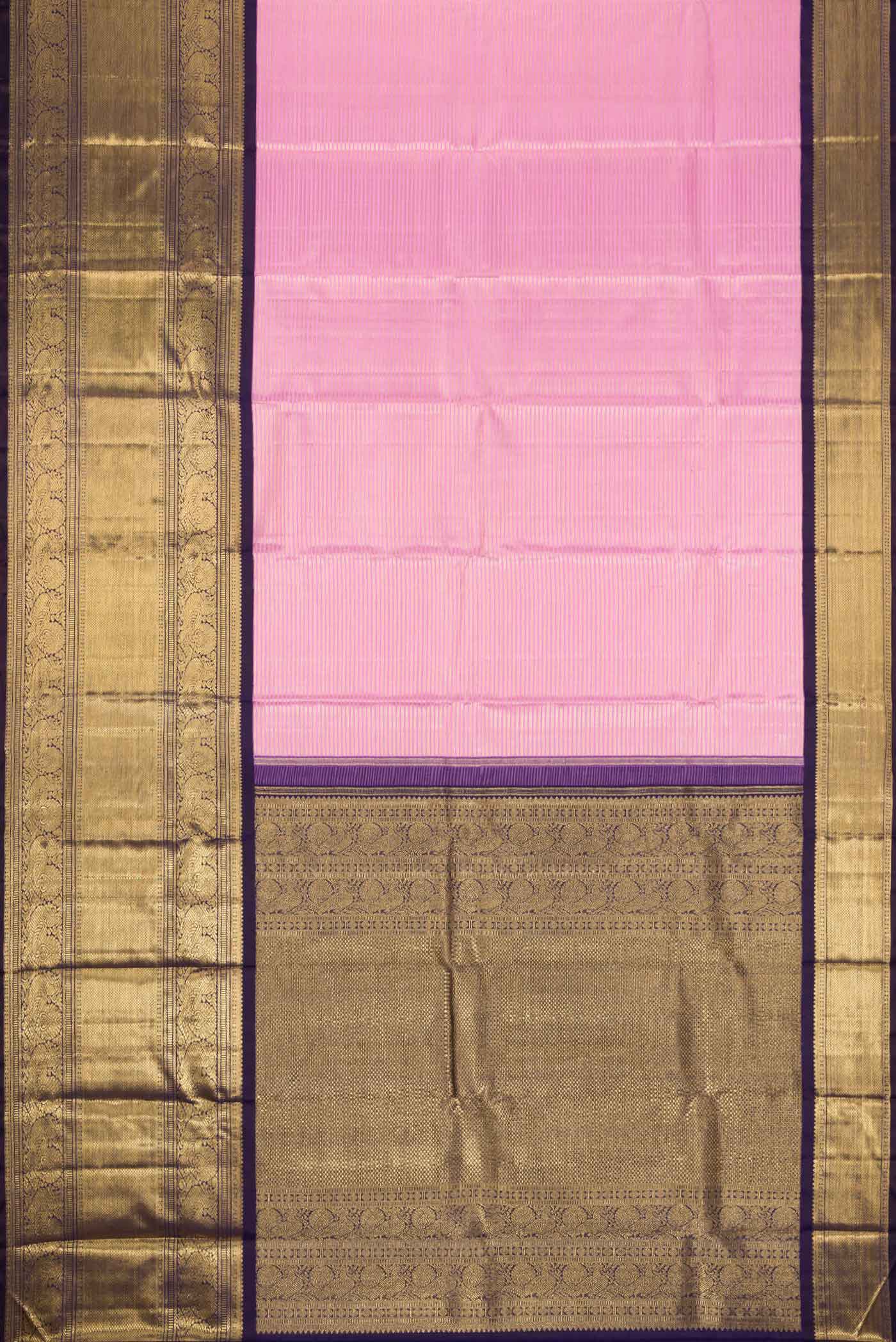 Flat view of Pure Silk Pure Zari Pink Dual Tone Kanchipuram Saree with Zari Brocade on the body and Zari Border