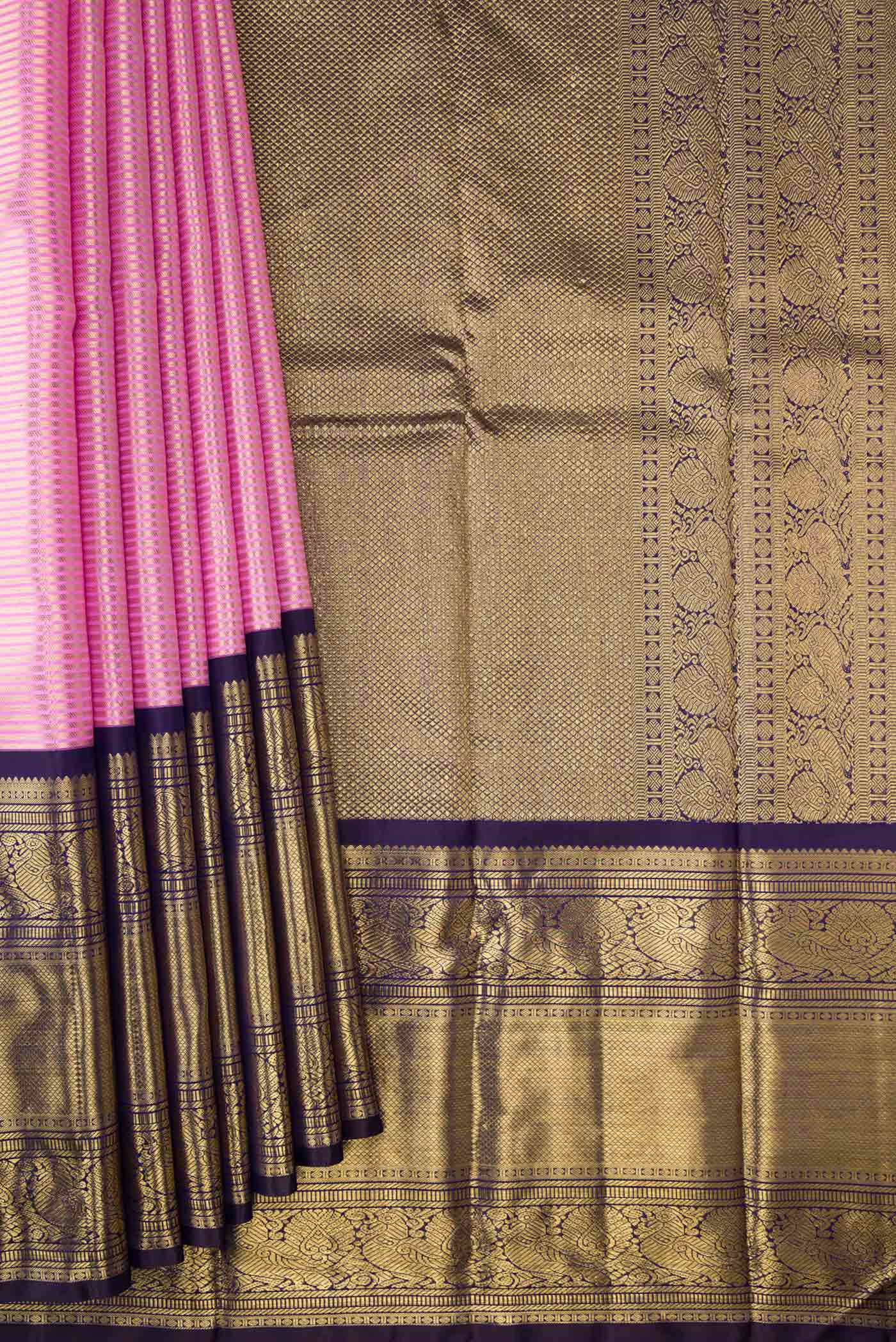 Pleats and pallu of Pure Silk Pure Zari Pink Dual Tone Kanchipuram Saree with Zari Brocade on the body and Zari Border