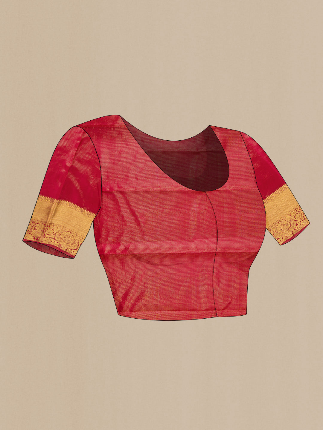 Close up image of the blouse of Pure Silk Pure Zari Red Dual Tone Kanjivaram Tissue Saree with Zari Brocade on the body and Zari Border. 