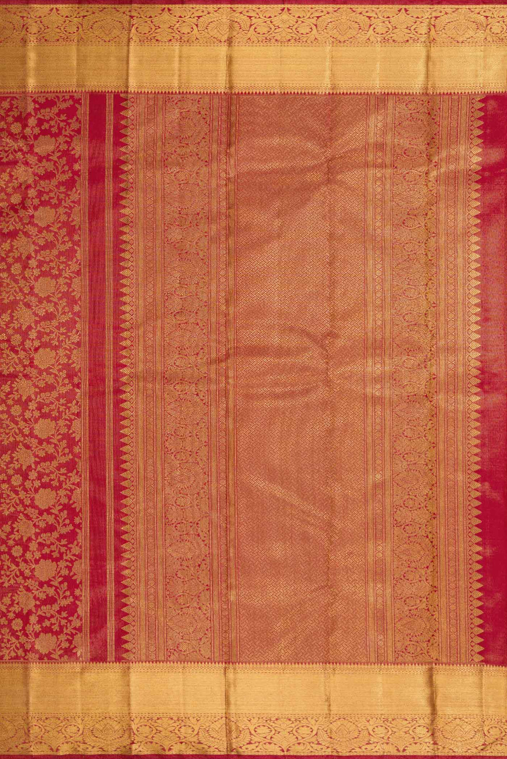 Close up image of the pallu of Pure Silk Pure Zari Red Dual Tone Kanjivaram Tissue Saree with Zari Brocade on the body and Zari Border. 