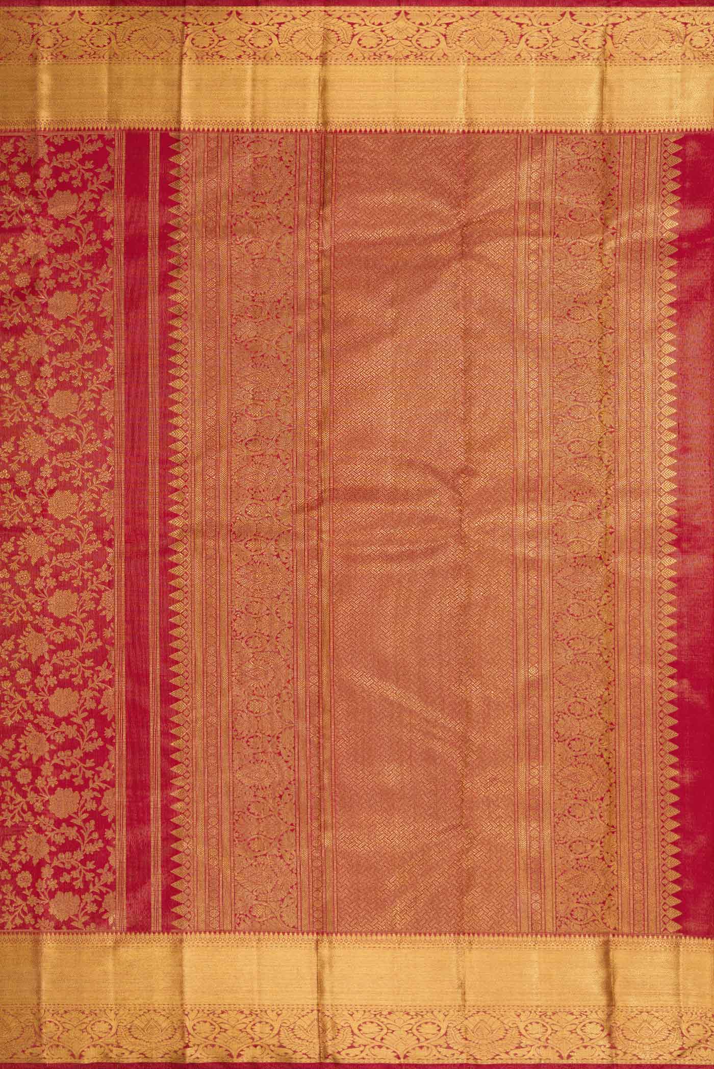 Close up image of the pallu of Pure Silk Pure Zari Red Dual Tone Kanjivaram Tissue Saree with Zari Brocade on the body and Zari Border. 