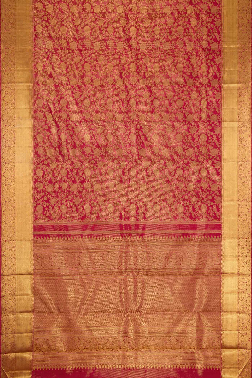 Flat view of Pure Silk Pure Zari Red Dual Tone Kanjivaram Tissue Saree with Zari Brocade on the body and Zari Border. 