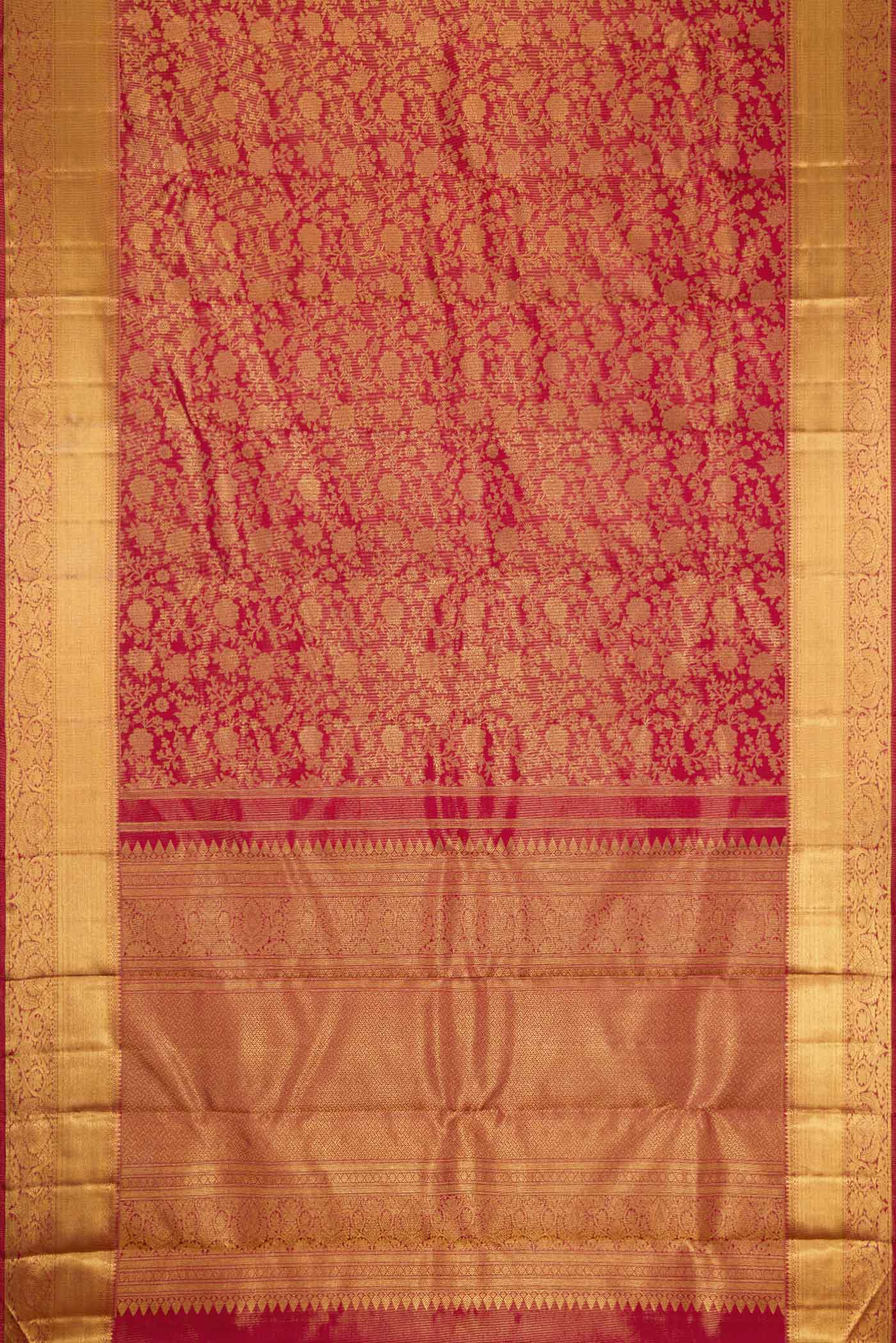 Flat view of Pure Silk Pure Zari Red Dual Tone Kanjivaram Tissue Saree with Zari Brocade on the body and Zari Border. 
