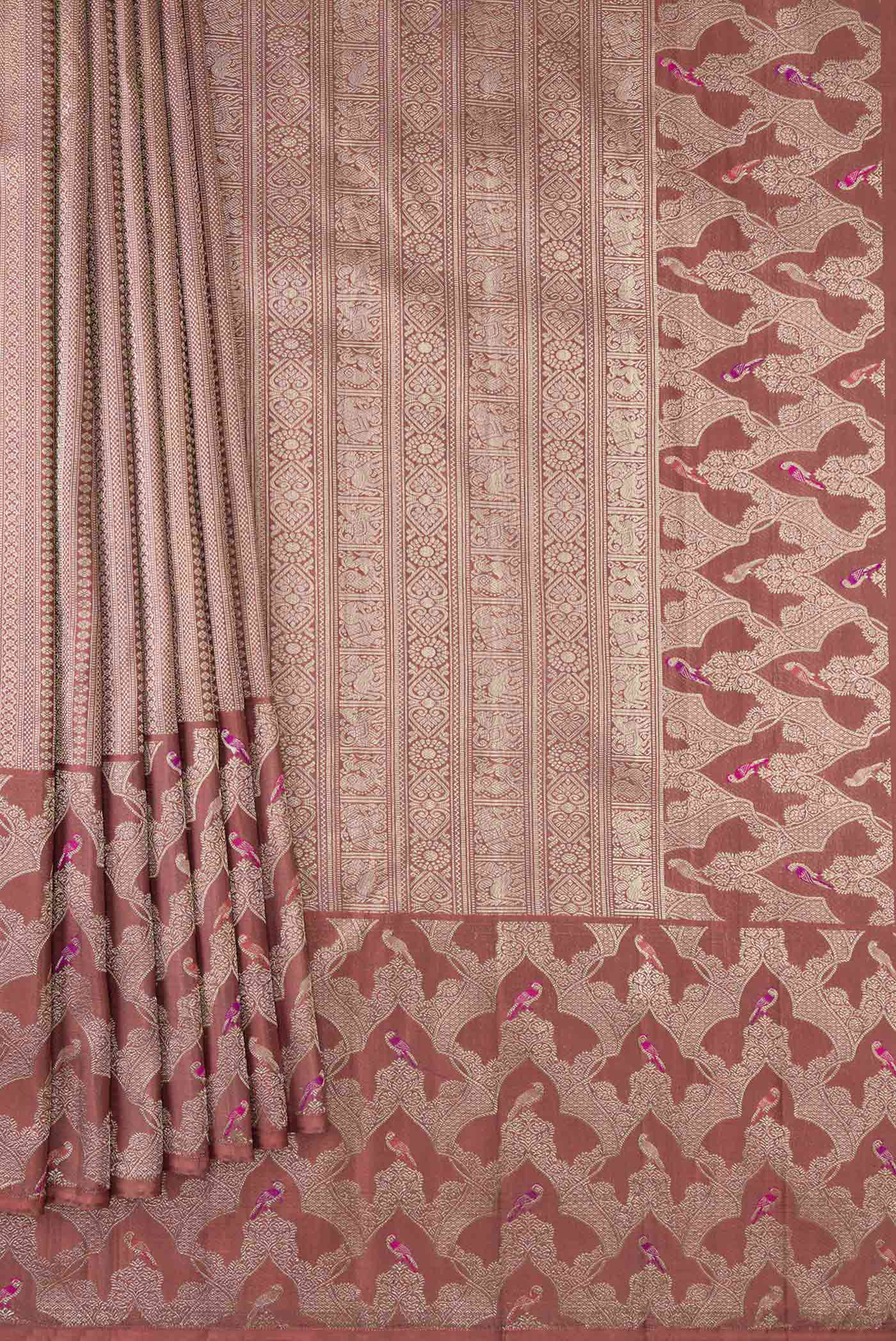 Pleats and pallu of Pure Silk Pure Zari Brown Dual Tone Kanchipuram Saree with Zari Brocade on the body and Fancy Border