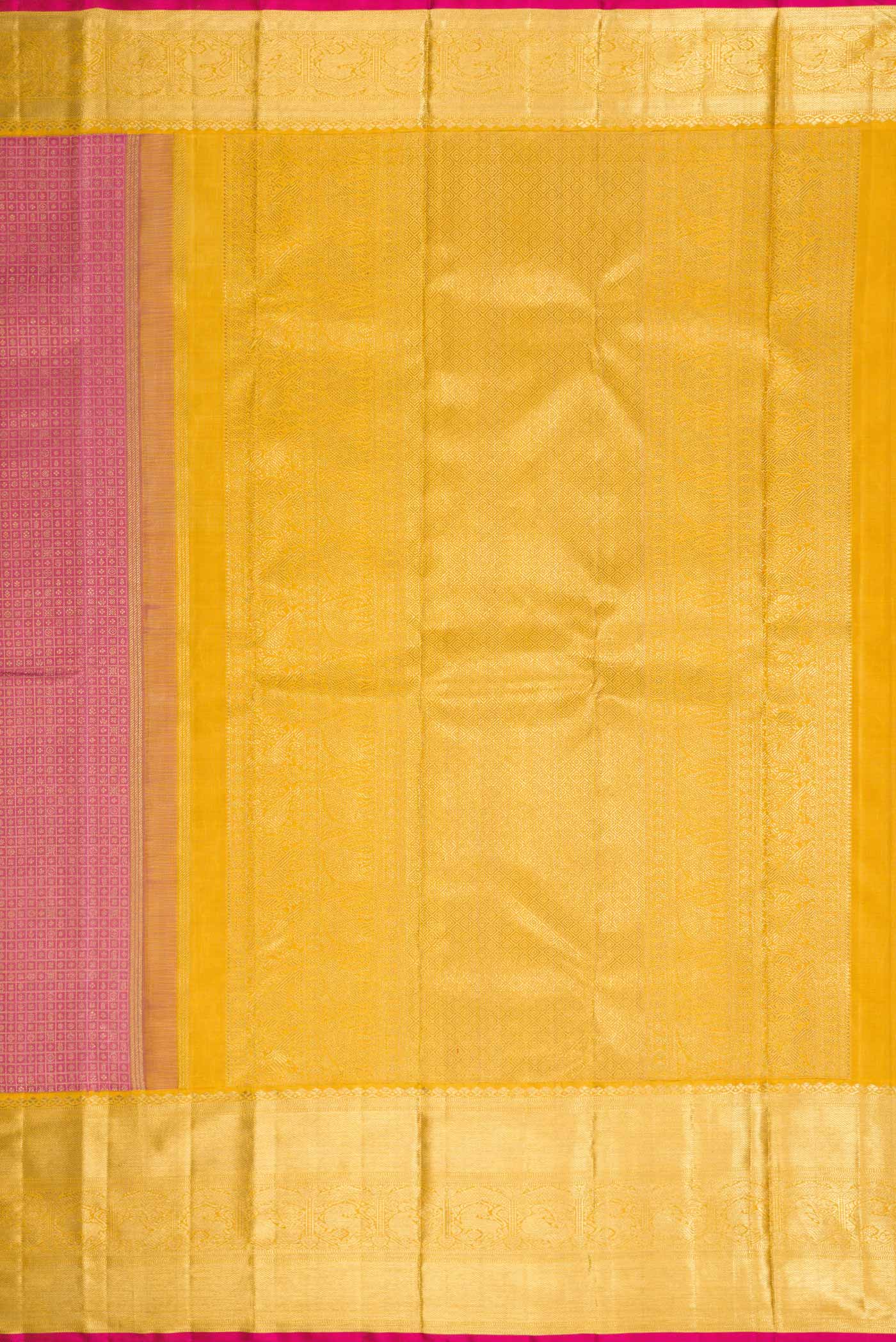 Close up image of the pallu of Pure Silk Pure Zari Pink Dual Tone Kanchipuram Saree with Zari Brocade on the body and Zari Border