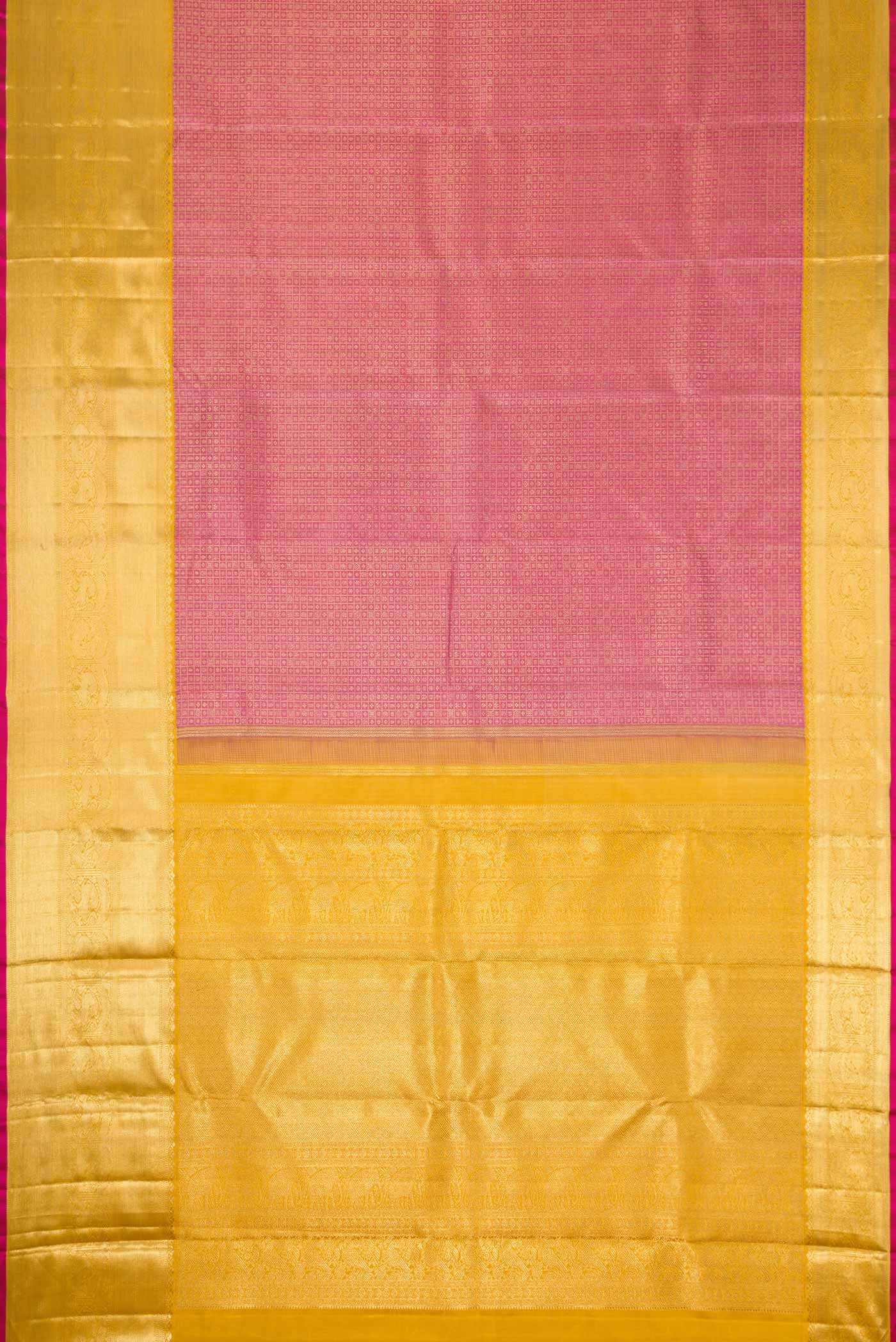 Flat view of Pure Silk Pure Zari Pink Dual Tone Kanchipuram Saree with Zari Brocade on the body and Zari Border