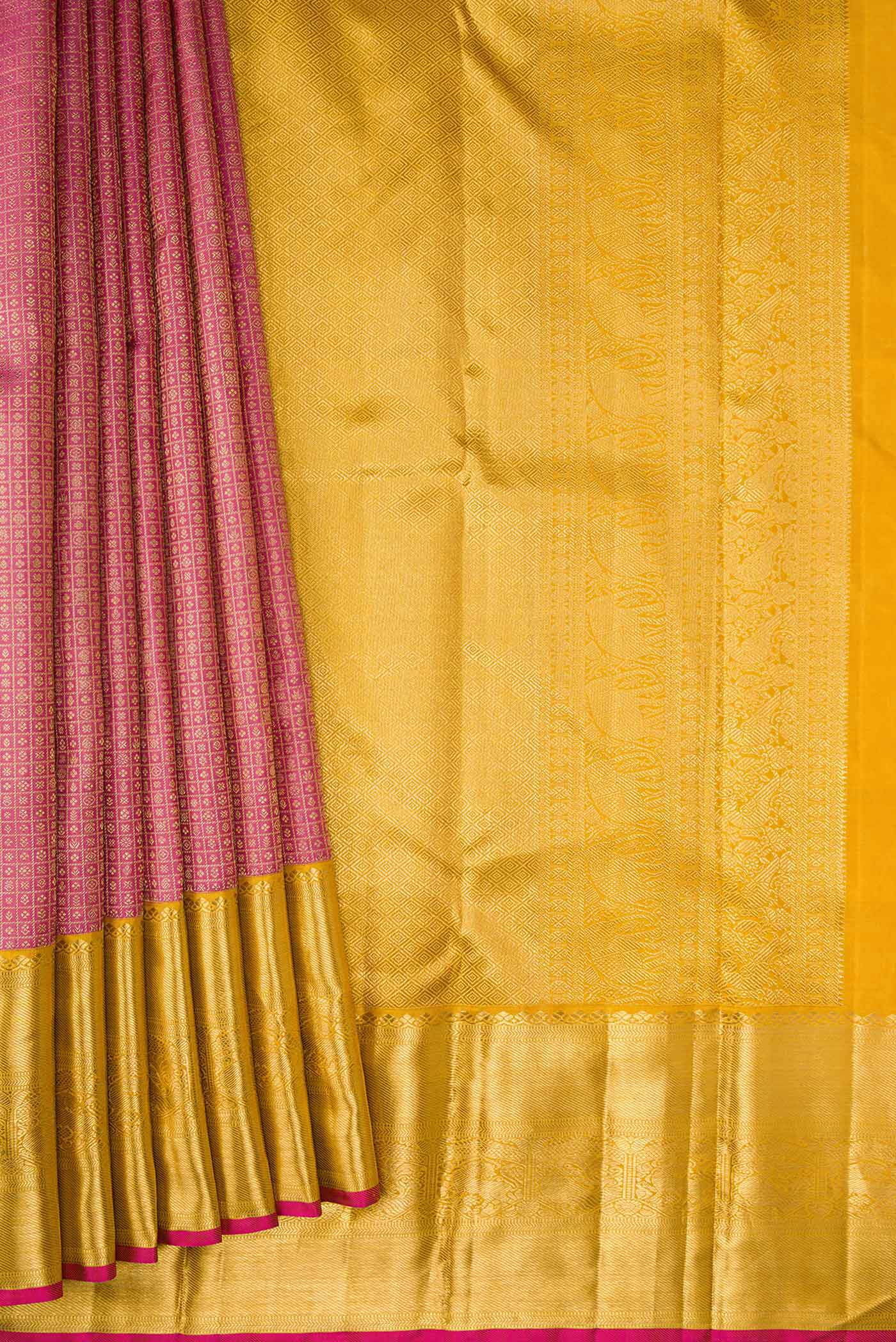 Pleats and pallu of Pure Silk Pure Zari Pink Dual Tone Kanchipuram Saree with Zari Brocade on the body and Zari Border