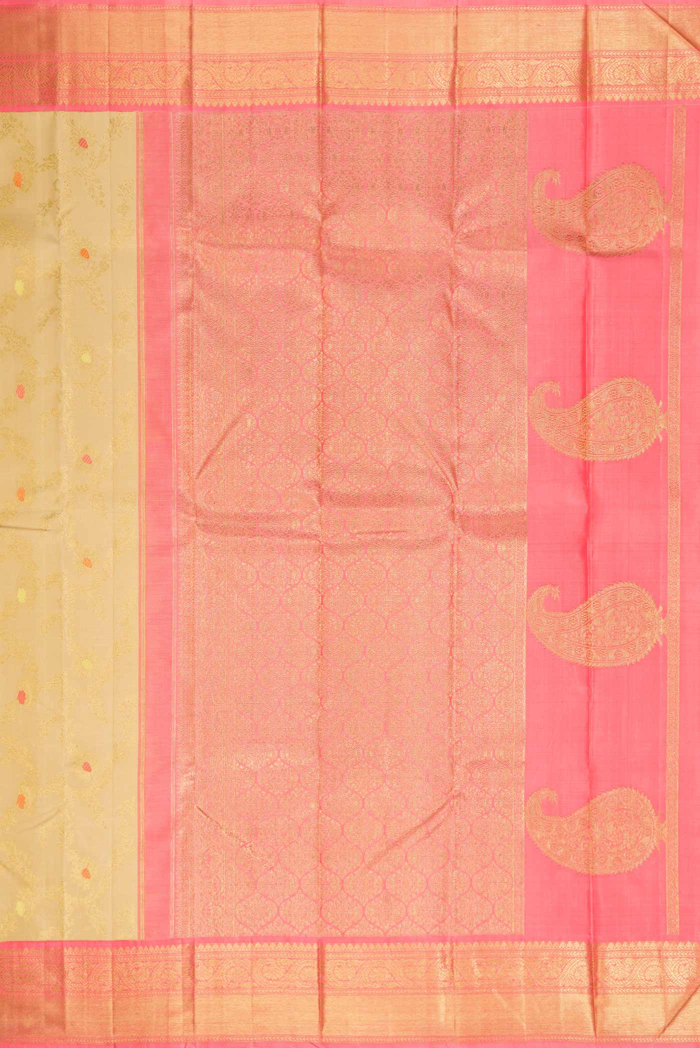 Close up image of the pallu of Pure Silk Pure Zari Beige Dual Tone Kanchipuram Saree with Zari Brocade on the body and Zari Border