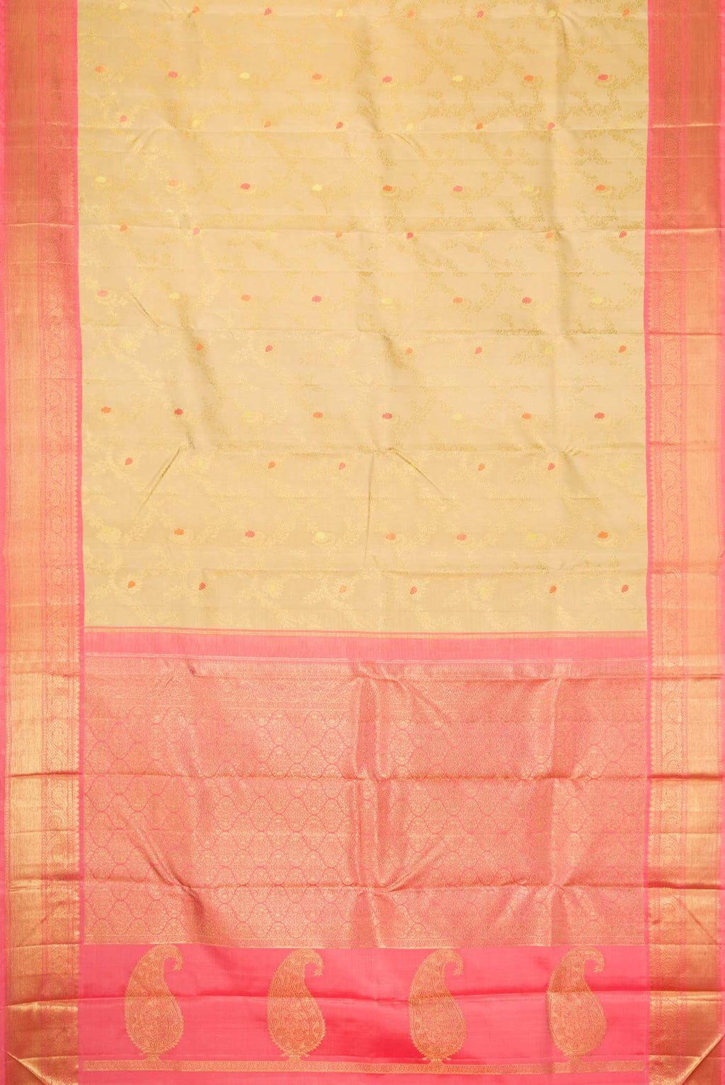 Flat view of Pure Silk Pure Zari Beige Dual Tone Kanchipuram Saree with Zari Brocade on the body and Zari Border