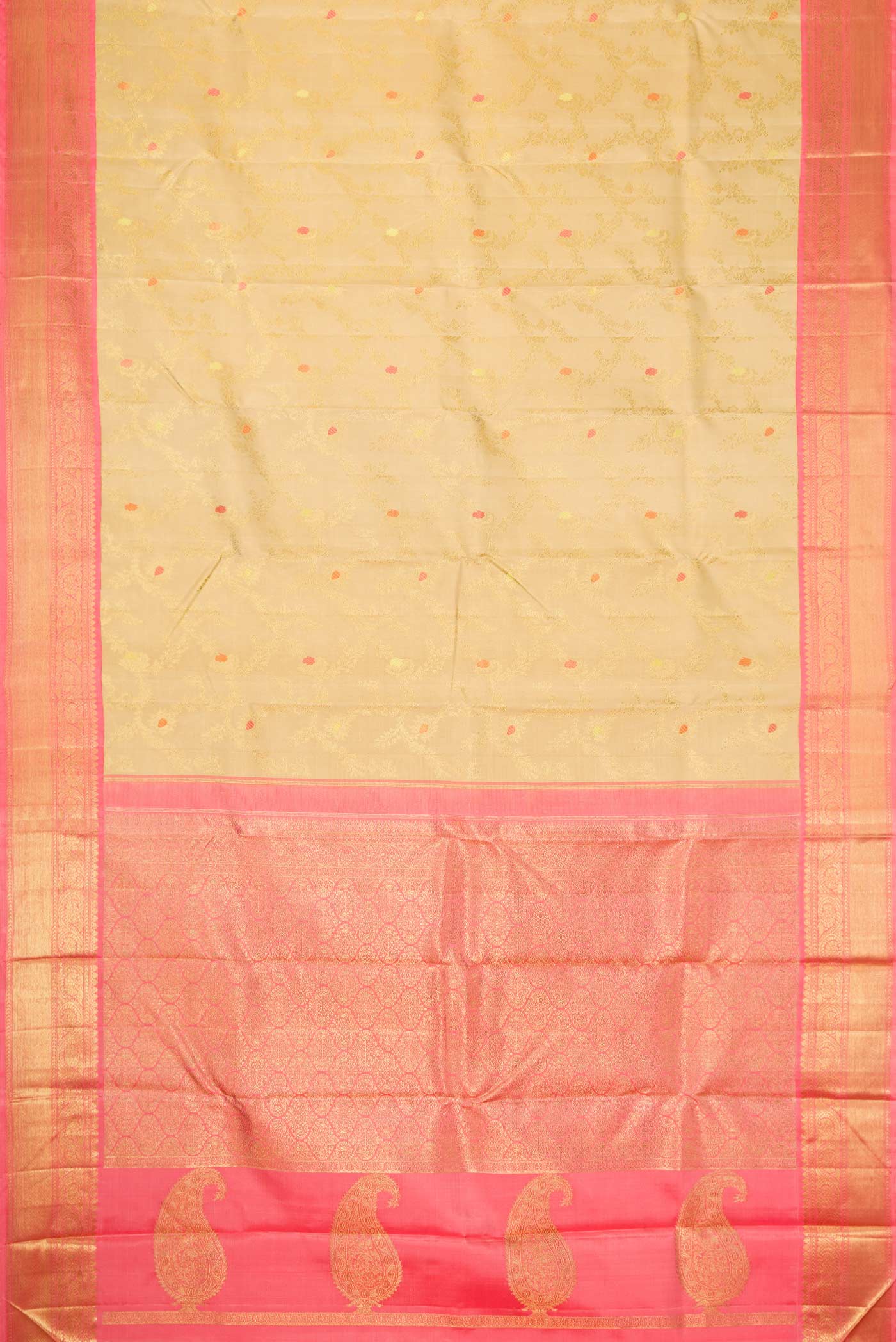 Flat view of Pure Silk Pure Zari Beige Dual Tone Kanchipuram Saree with Zari Brocade on the body and Zari Border