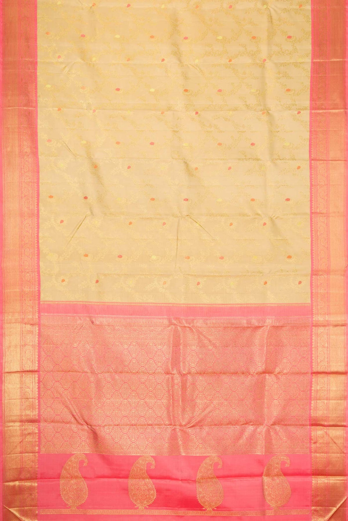 Flat view of Pure Silk Pure Zari Beige Dual Tone Kanchipuram Saree with Zari Brocade on the body and Zari Border