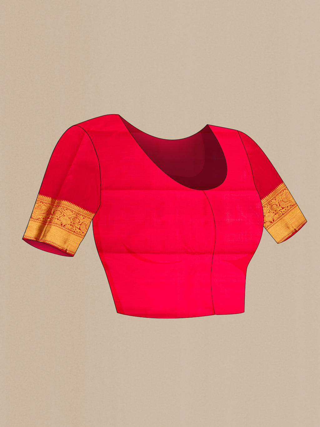 Close up image of the blouse of Pure Silk Pure Zari Maroon Dual Tone Kanjivaram Saree with Zari Brocade on the body and Zari Border. 