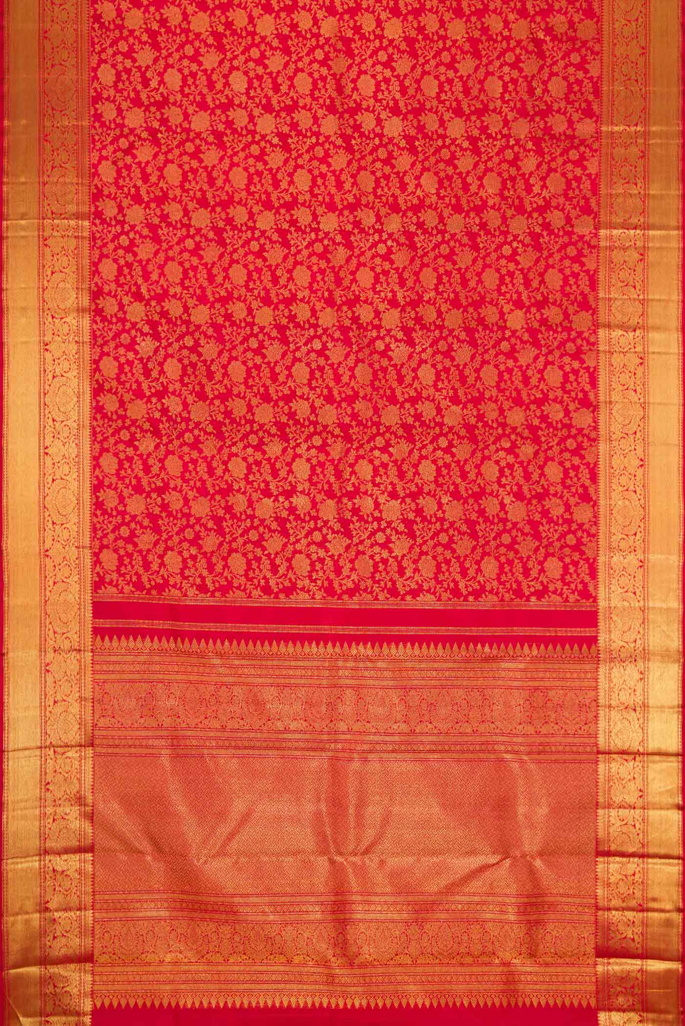 Flat view of Pure Silk Pure Zari Maroon Dual Tone Kanjivaram Saree with Zari Brocade on the body and Zari Border. 